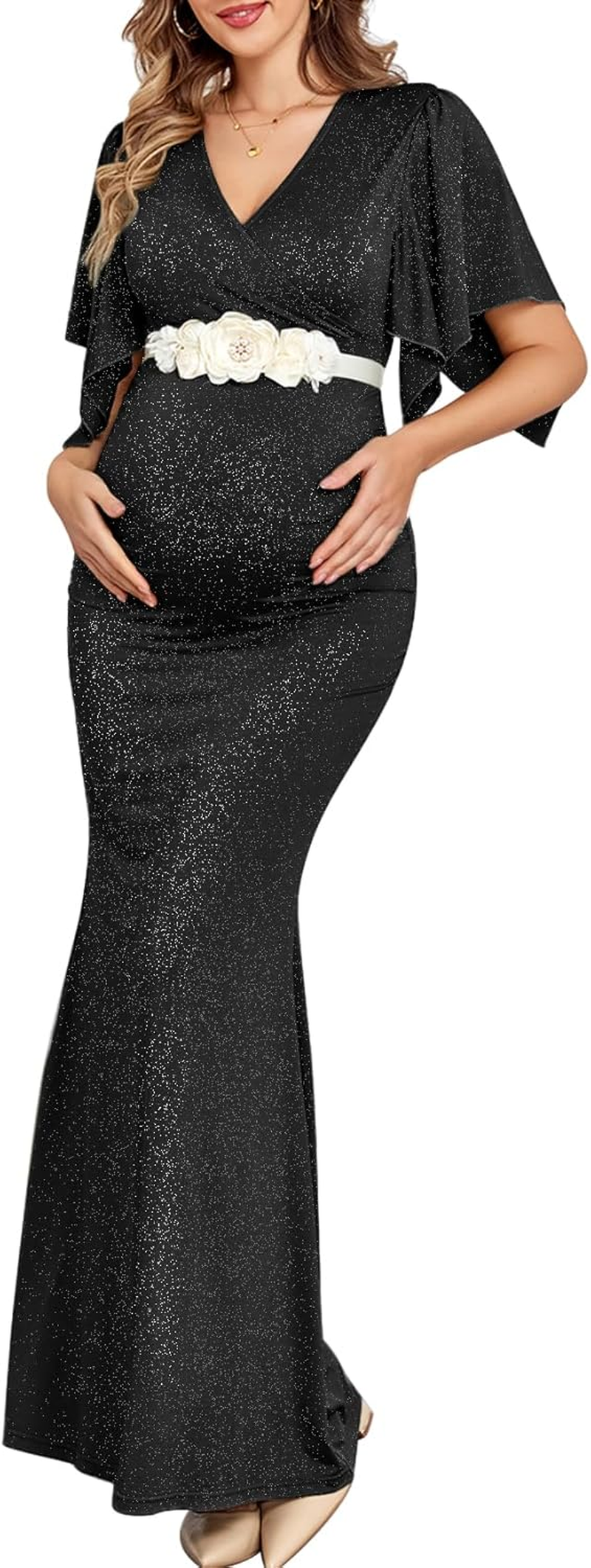 Maxi Maternity Dress with Flower Sash Semi Formal Baby Shower Wedding Guest V-Neck Handkerchief Sleeves Elegant, Sparkly Black, Small