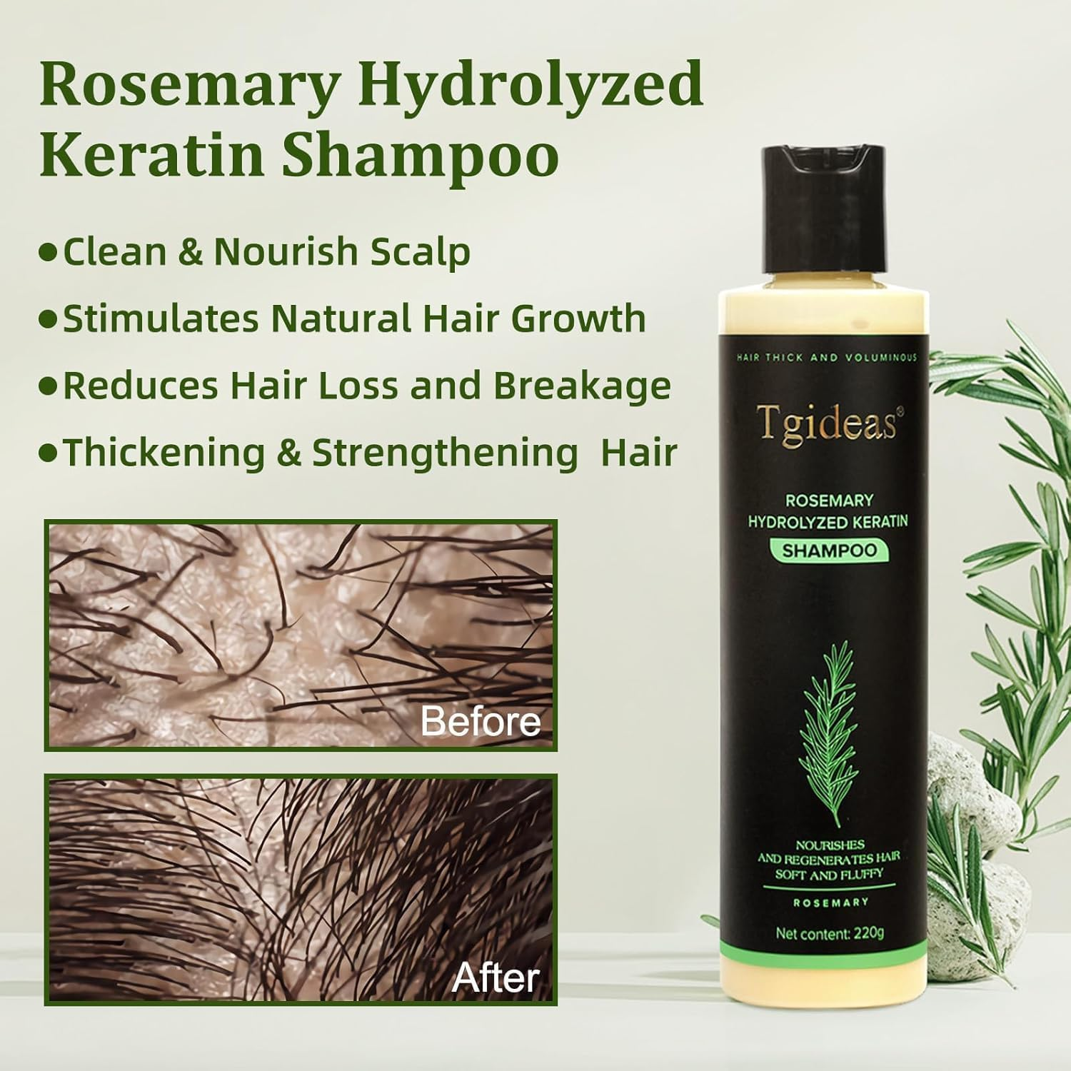 Tgideas Organic Rosemary Hair Growth Shampoo for Women and Men-Natural Thickening & Strengthening Shampoo with Hydrolyzed Keratin for Thinning Hair & Hair Loss 7.4 Fl.Oz image number 1