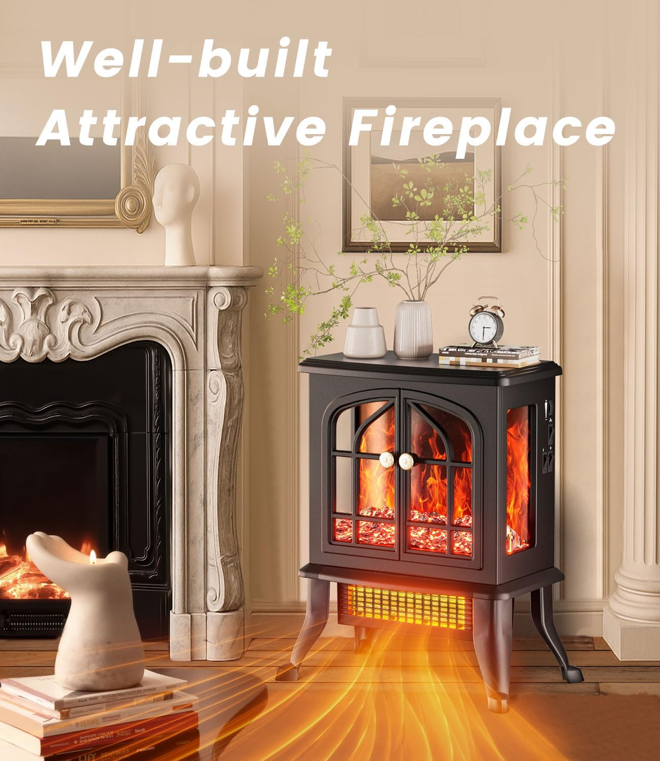 BLUEQUE Fan Heater for Bedroom - 2000W Electric Space Heater, Stove Fireplace Heating with Realistic LED 3D Flames, Fake Freestanding Fireplace for Living Rooms, Office, Indoor Home Use image number 2