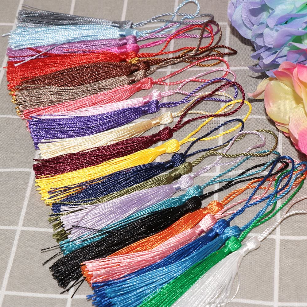VAPKER 100 Pieces 13Cm/5-Inch Silky Handmade Soft Tassels Floss Bookmark Tassels with 2-Inch Cord Loop for Jewelry Making, DIY Projects, Bookmarks(25 Colors) image number 2