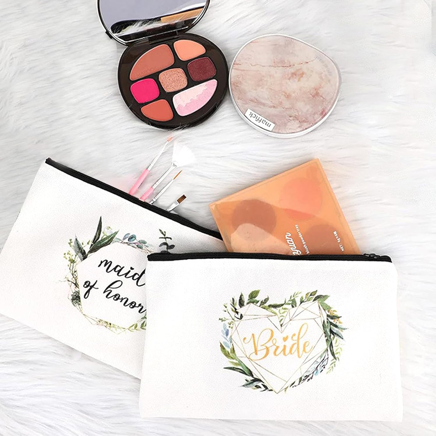 KASESSS Pack of 2 Bridal Cosmetic Bags, Women'S Travel Canvas Cosmetic Bag, Bride to Be Gifts, Make up Bag Gifts for Girlfriends, Bride and Bridesmaids, White, 22.5 X 15 Cm