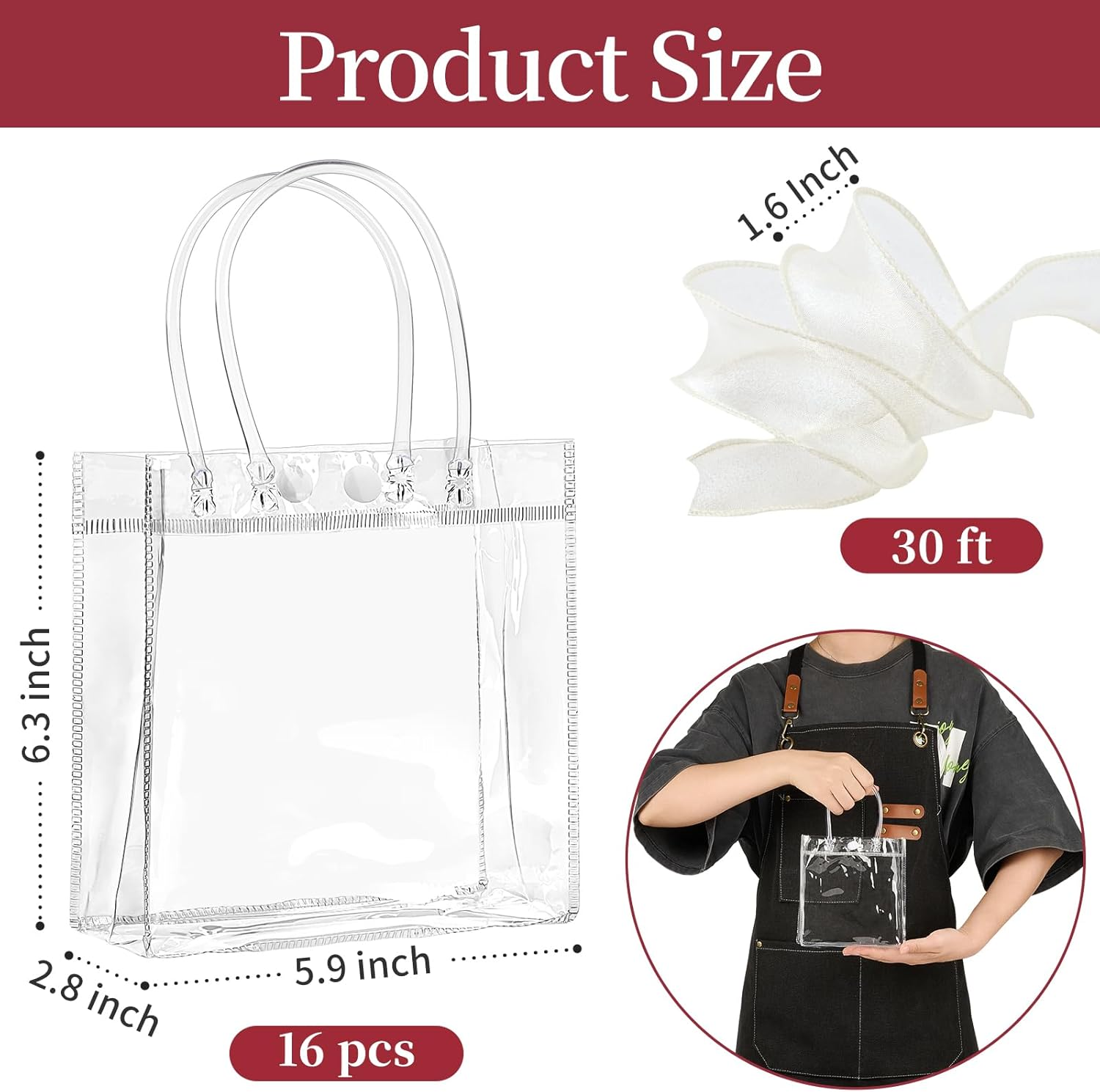 16 Pack Clear Plastic Gift Bags with Handles, 5.9" X 6.3" X 2.8" Reusable Transparent Party Favor Bags PVC Goodie Bags Bulk for Wedding, Baby Shower, Birthday image number 4