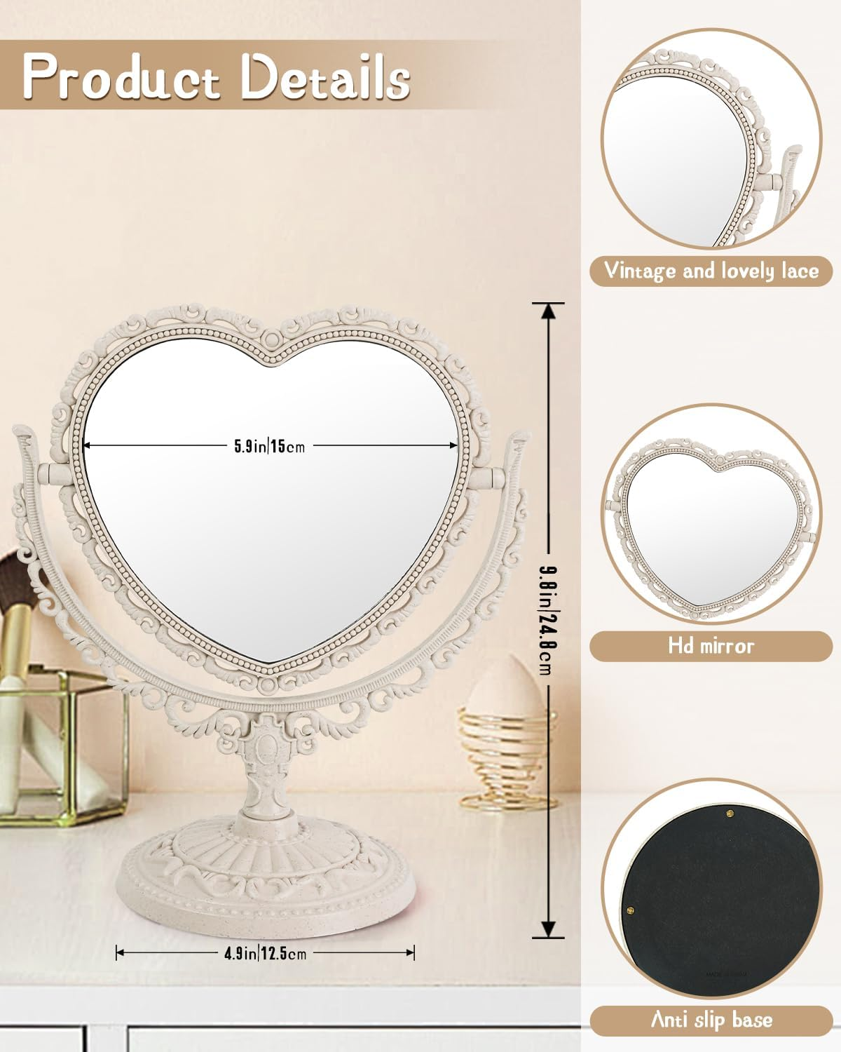 D&X 7-Inch Heart Mirror 360 Degree Rotation Double Sided Magnifying Makeup Mirror,One Side with 3X Magnification Bathroom Bedroom Vanity Mirror(Beige, Heart-Shaped) image number 5