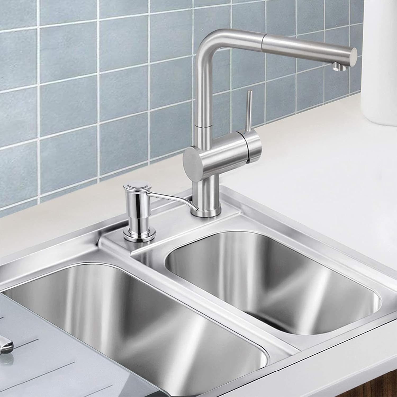 Maizoon Built-In Soap Dispenser for Kitchen 304 Stainless Steel Pump Head with 500ML/17OZ Bottle and 100Cm/39Inches Extension Tube Dish Soap Hand Lotion Dispenser Bright Silver - Black image number 4