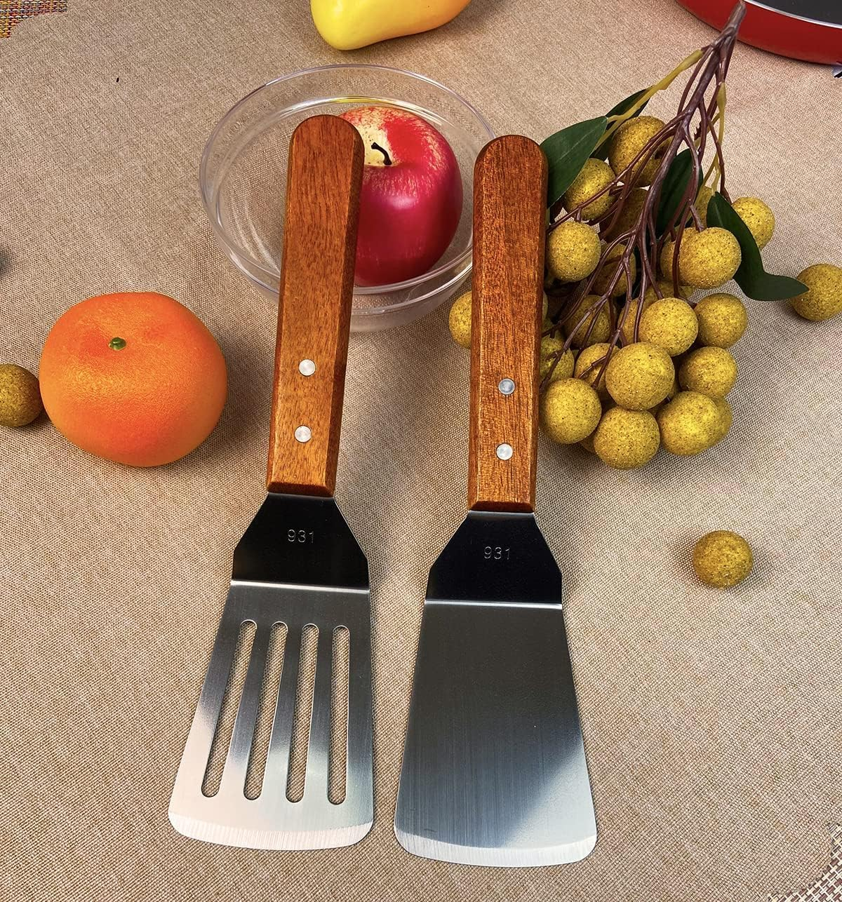Professional Stainless Steel Spatula and Turner Set, Wooden Handle, Kitchen Utensils for Grilling and Cooking, 2-Piece