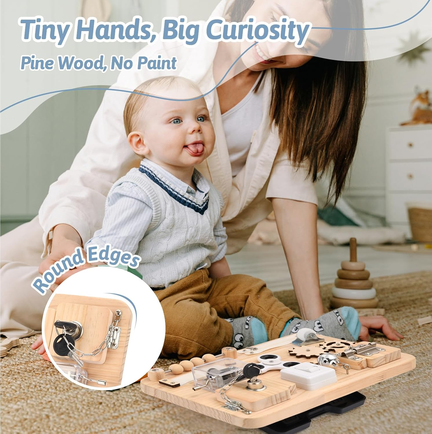 Potatomato Montessori Busy Board -Toddler Sensory Wooden Toys for Baby - Prechool Educational Activities for Learning Fine Motor Skills - Fidget Board for Boys Girls Kids image number 2