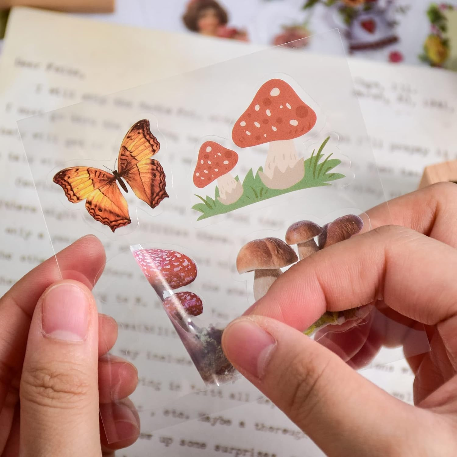 PQCLXUYA 510PCS Plants Floral Scrapbook Stickers Kit,Vintage Flowers Butterfly Mushroom Fall Maple Leaves Transparent Waterproof Stickers Set for Craft Card Notebook Diary DIY Scrapbooking image number 4