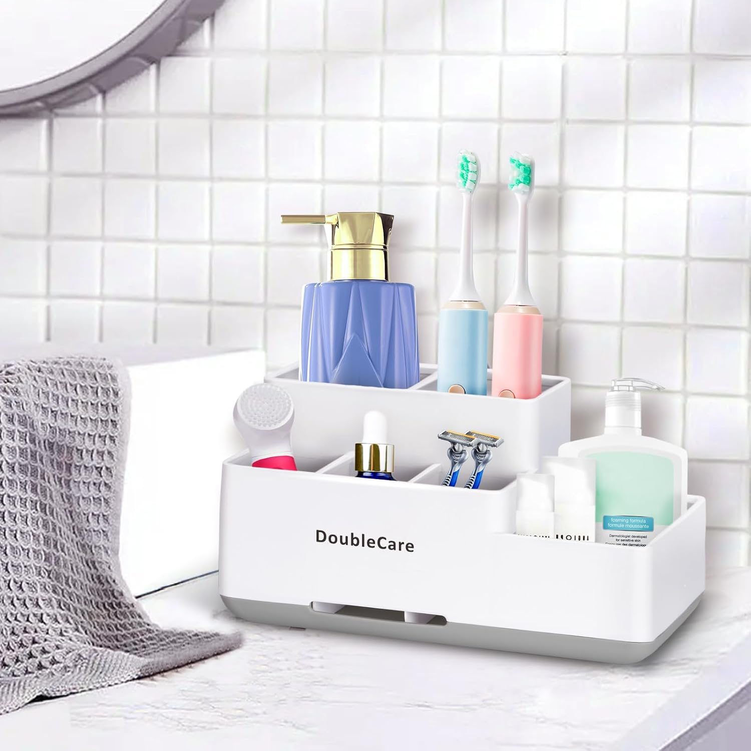 Toothbrush Holder with Anti-Slip,Bathroom Organizer Countertop Detachable for Easy Cleaning, Multifunctional Storage,Bathroom Caddy for Toothpaste (White) - Marble White image number 4