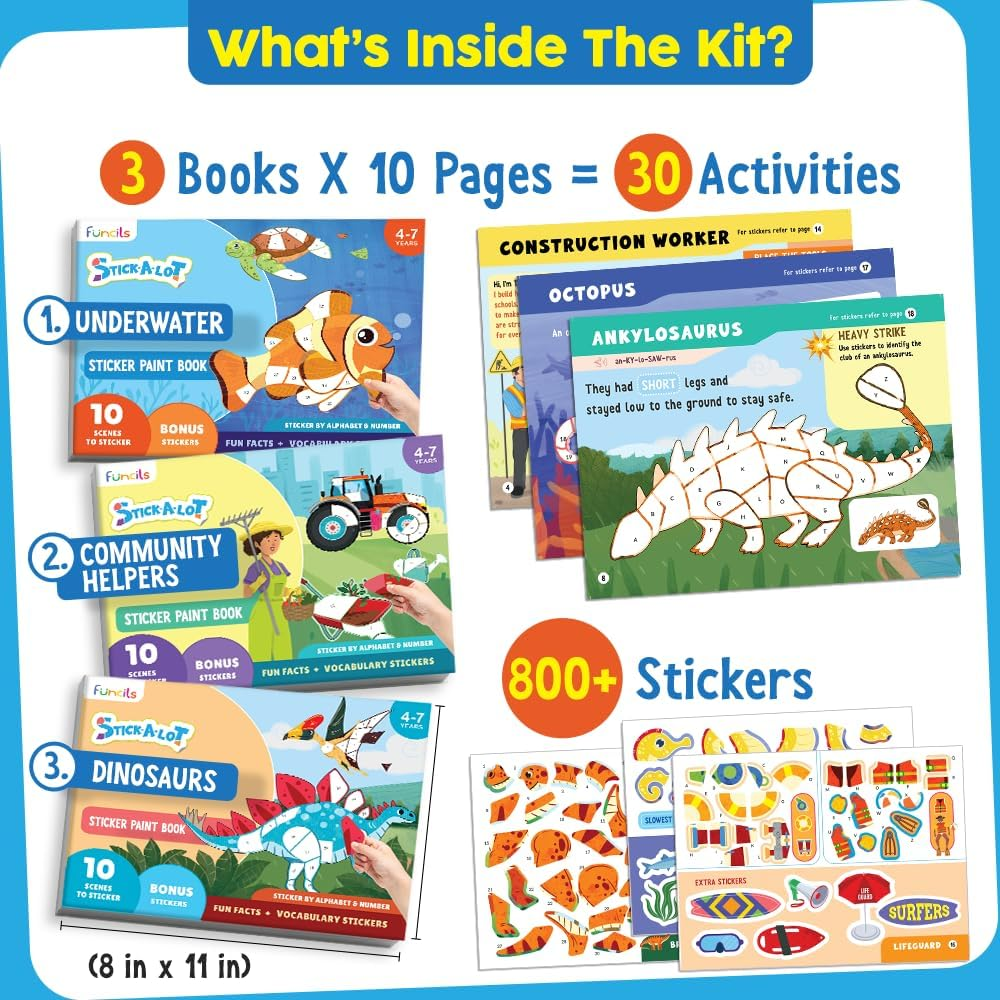 Funcils Paint by Sticker & Number for Kids - 30 Color by Sticker Paint Book | Travel, Airplane, Car Activities for Kids Ages 4-8 Girls Boys | Art & Crafts Games, Puzzle Books, Learning Educational Kit image number 3