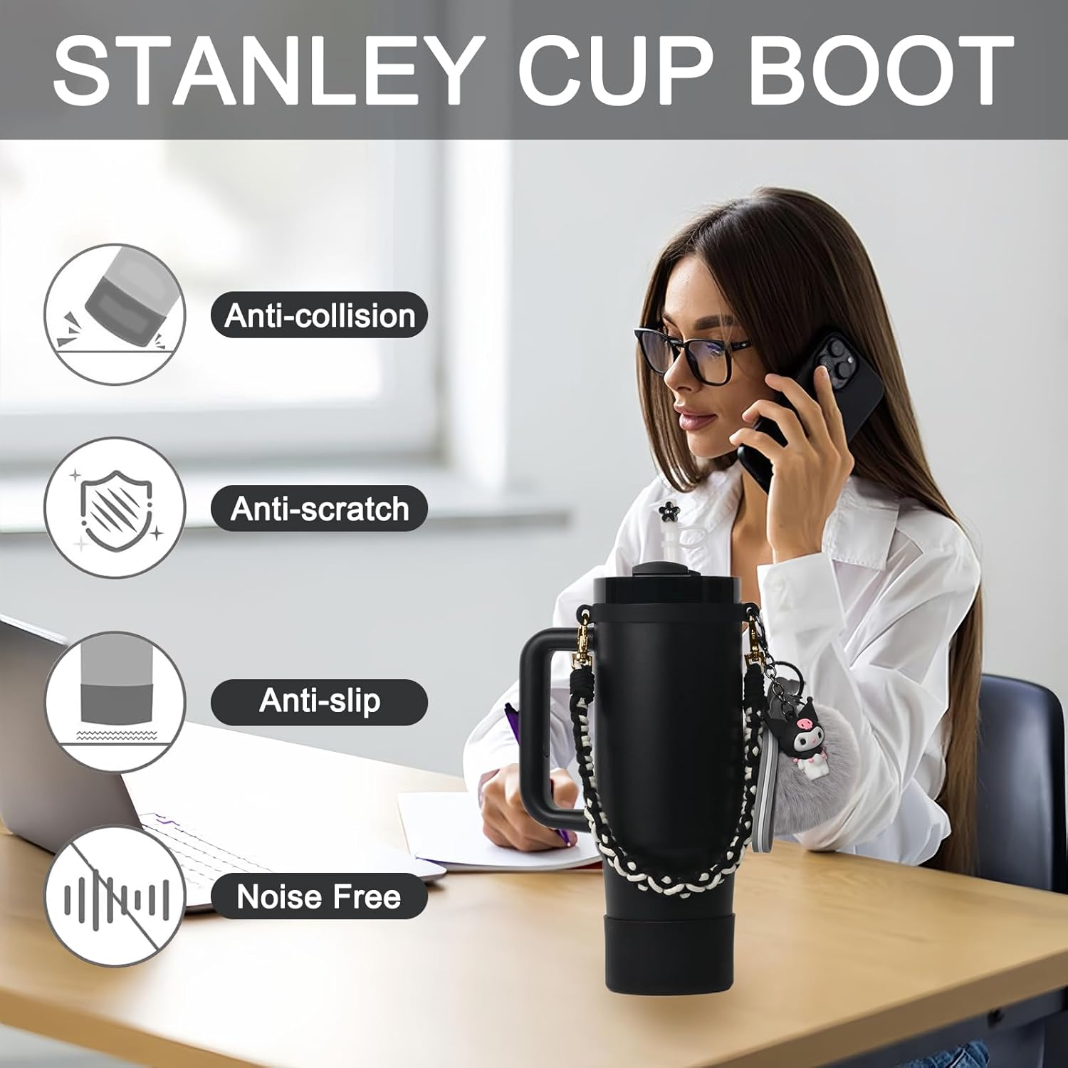 Stanley Cup Accessories Set, Cartoon Cute Kawaii Pom Pom Design Water Bottle Handle Strap, Silicone Stanley Cup Boot, Stanley Charms for Stanley Cup 30/40Oz Tumble image number 6