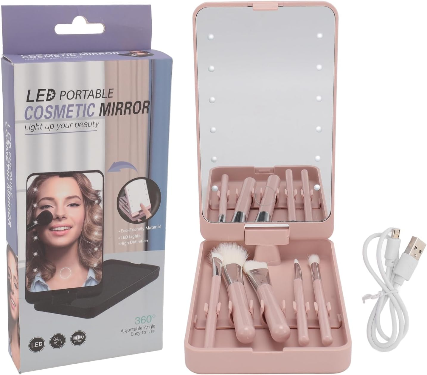 Travel Makeup Brush Set with LED Light Mirror, Multifunctional Cosmetic Brushes Kit High Clarity Compact Travel Essentials