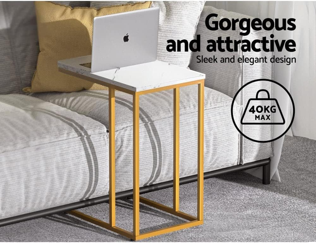 Artiss Coffee Table Marble Effect round Sofa Side Bedside Tables Laptop Desk, Home Furniture Living Room Office Wooden Rectangular End Golden Metal Frame Particle Board Simple Assembly image number 2