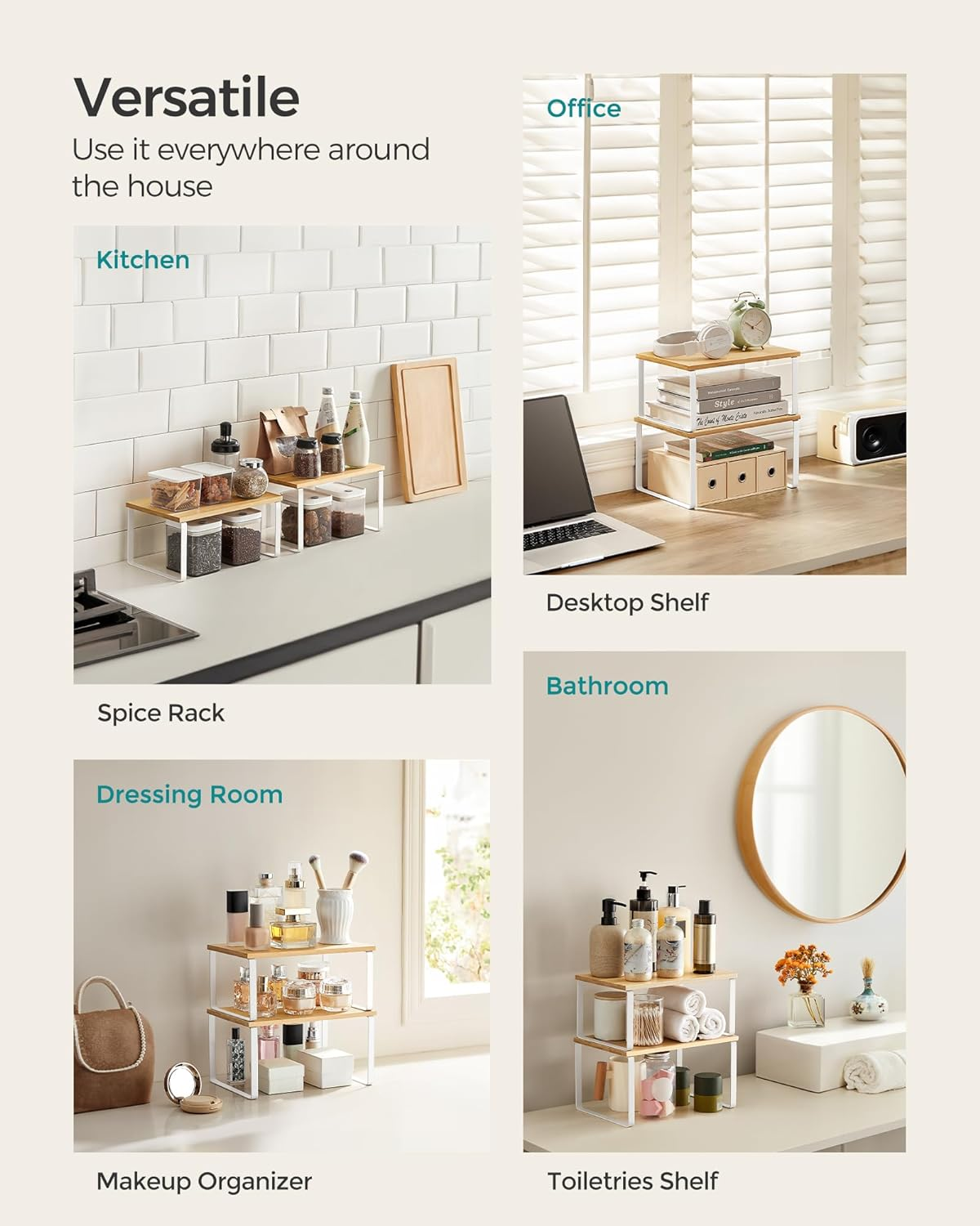 SONGMICS Cabinet Organizer Shelf, Set of 2 Kitchen Counter Shelves, Kitchen Storage, Spice Rack, Stackable, Expandable, Metal and Engineered Wood, Cloud White and Natural Beige UKCS02NW image number 2