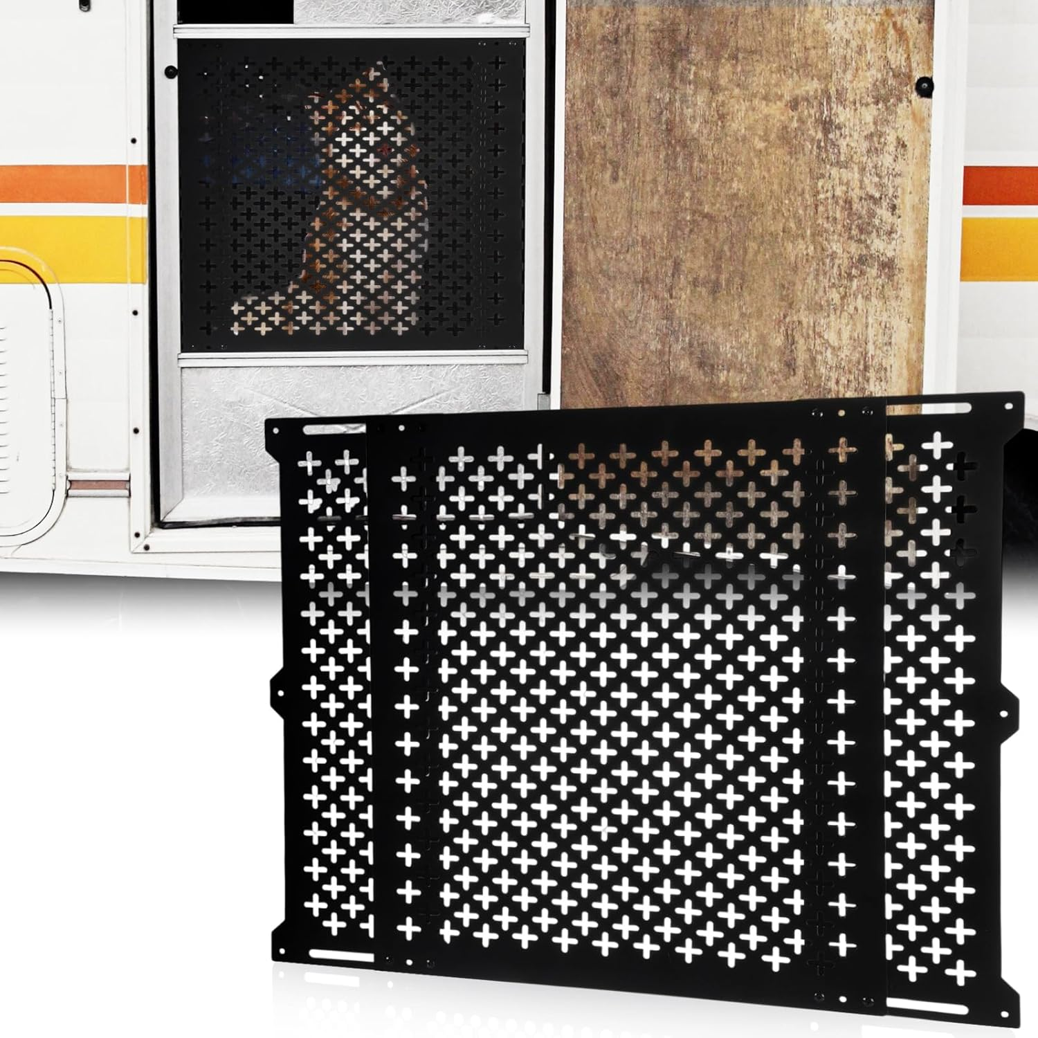 Gisafai Adjustable RV Door Screen Protector Adjusts from 21''- 31.5'' Aluminum RV Entry Screen Door Grille Alloy Screen Door Grill Screen Defender for RV Door, Black (Classic,24 Inch High)