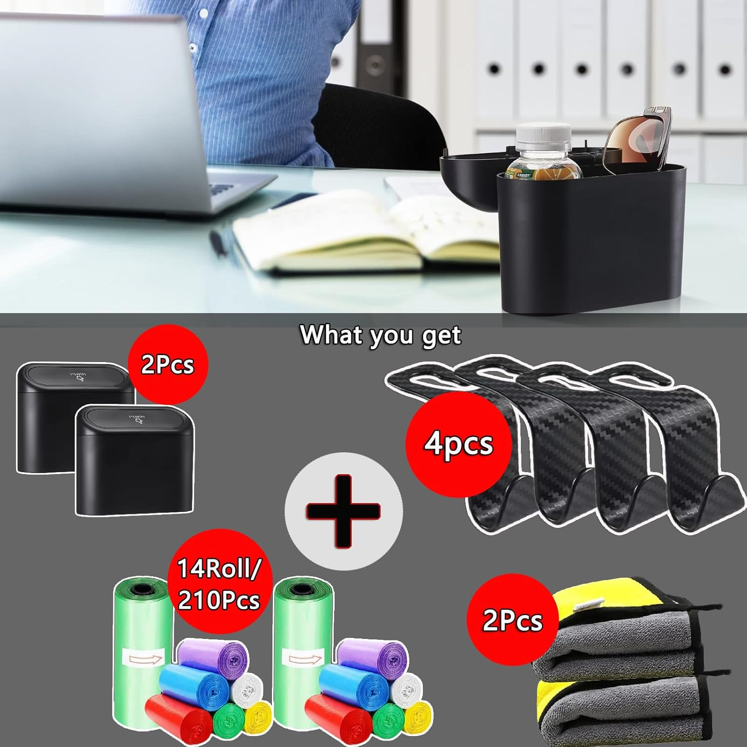 2-Pack Car Trash Can with Lid, Hanging Mini Vehicle Bin, 210 Trash Bags, 4 Headrest Hooks, Dustbin Garbage Organizer for Home Office image number 4