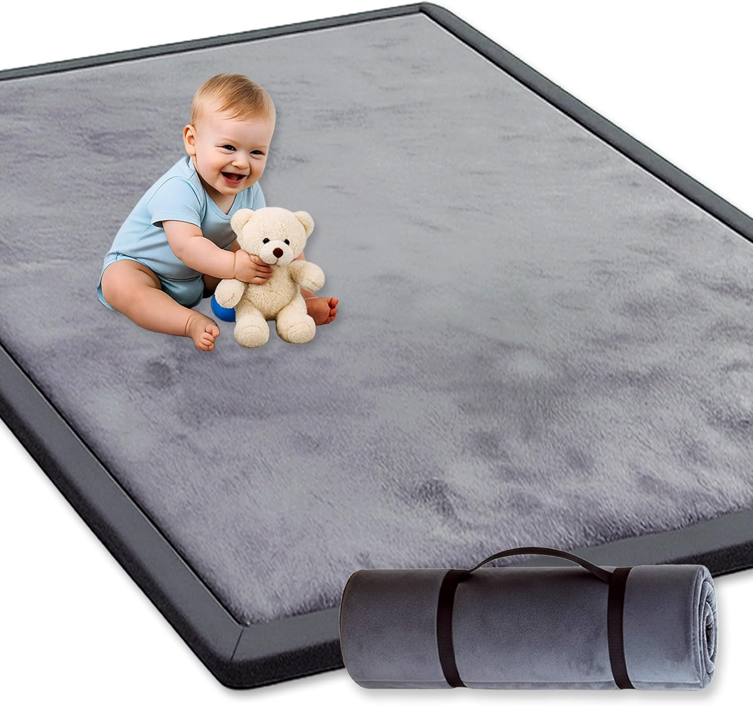 Baby Play Mat 150X200Cm, Extra Thick 3.5Cm Mellow Memory Foam Tatami Muscle Mat, Non-Slip, Water-Repellent Velvet Rug for Nursery, Crawling & Tummy Time, Elastic Strap Included