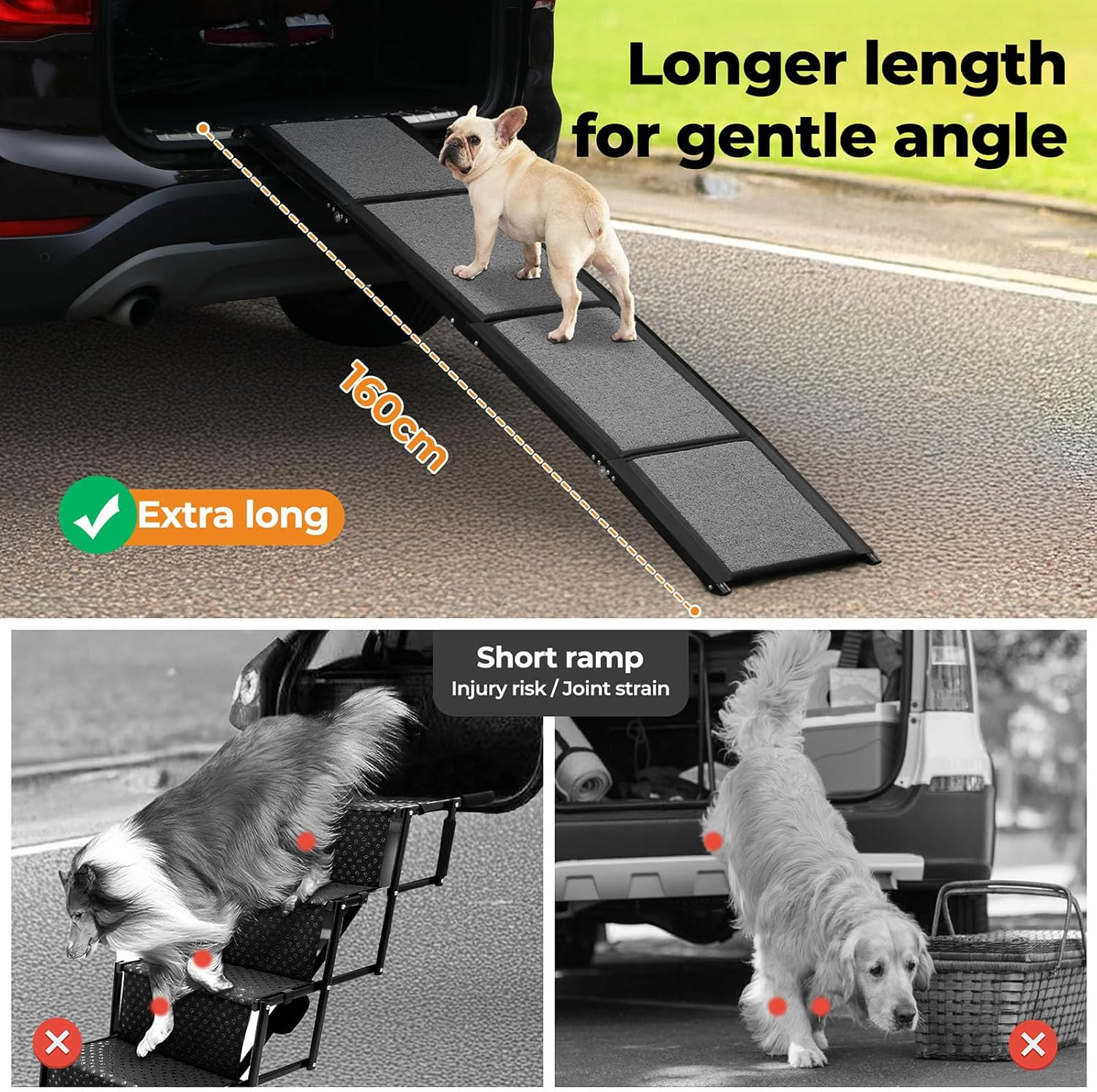 Pawz Extra Long 160Cm Foldable Dog Ramps Large Dogs, Pet Ramp for Car with Non-Slip Rug Surface, Pet Stairs Portable, 44Cm Wide Pet Steps for Medium & Large Dog up to 100Kg Get into Car SUV Truck,Grey image number 1