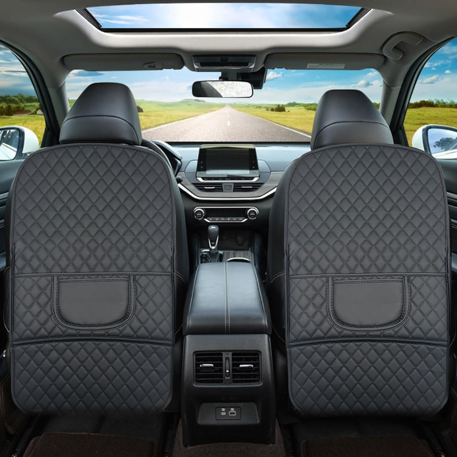 Car Seat Protector Kick Mat for Child Seats,2 Pack Universal Car Seat Back Leather Cover, Non-Slip Seatback Cover with Organizer, Wear Resistant Protects Upholstery from Stains & Damage (Black)