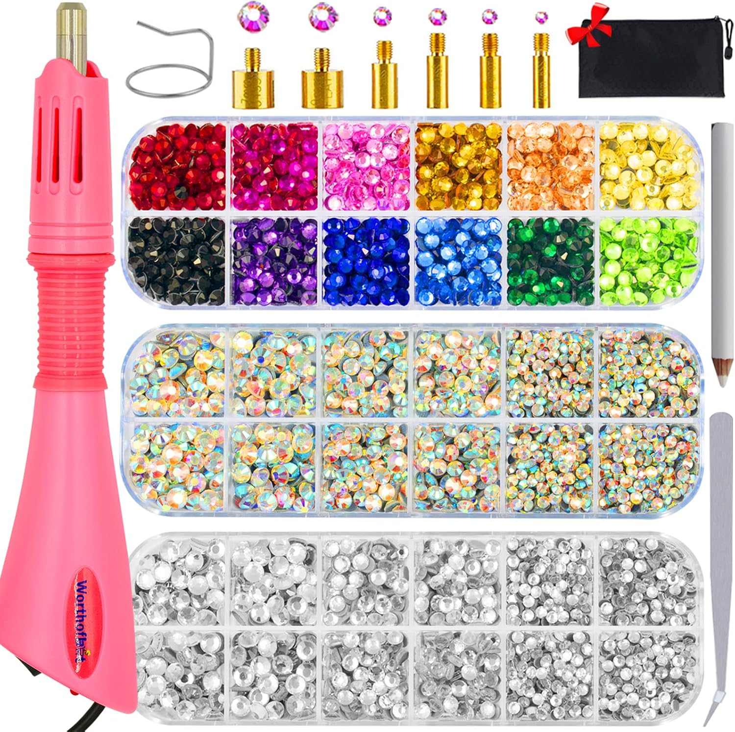 Worthofbest Hotfix Rhinestone Setter, Hot Fix Applicator Tool Bedazzler Kit with Rhinestones, Kit, Hot Fixed Wand for Clothes Clothing Fabric Crafts, 5000 Pcs, AB Crystal, Clear, 3 Gems Sizes, Tips