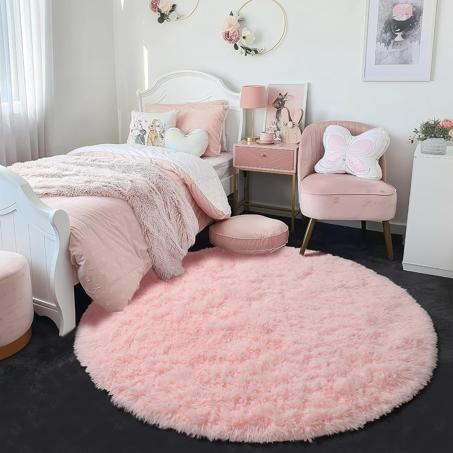 Pink round Rug for Girls Bedroom,Fluffy Circle Rug 4'X4' for Kids Room,Furry Carpet for Teen Girls Room,Shaggy Circular Rug for Nursery Room,Fuzzy Plush Rug for Dorm,Cute Room Decor for Baby
