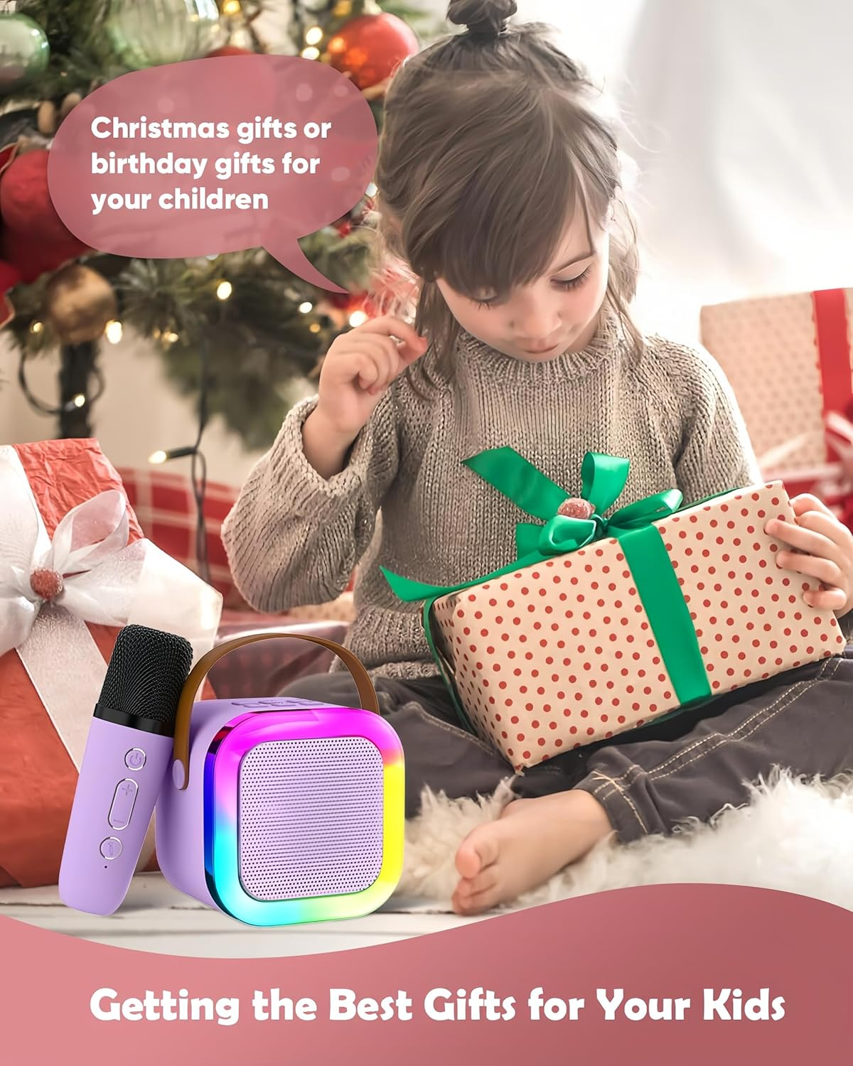 Mini Karaoke Machine Speaker for Kids Adults, Toys for Girls Boys Friends Age 3-12+, Birthday Gifts Portable Bluetooth Speaker with 2 Wireless Mics for 5 6 7 8 9 10 11 Years Teens Girl Boys (Purple) image number 4