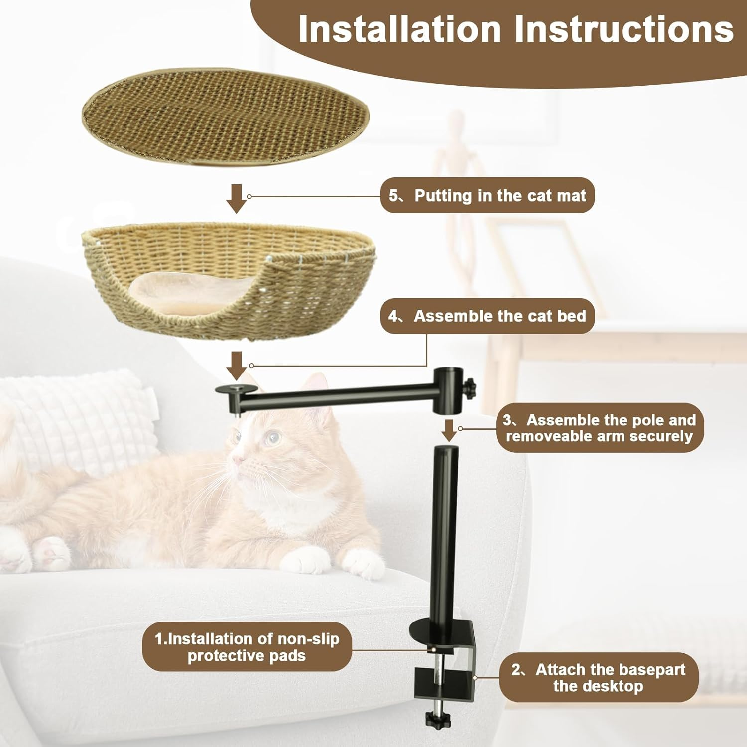 PTEROMYS Cat Desk Bed, Cat Bed for Desk Perch with Paper Rope Material, Steel Frame, Adjustable Height, 360 Rotating Cat Desk Bed, Suitable for Cats 22 Pounds (Beige) image number 6