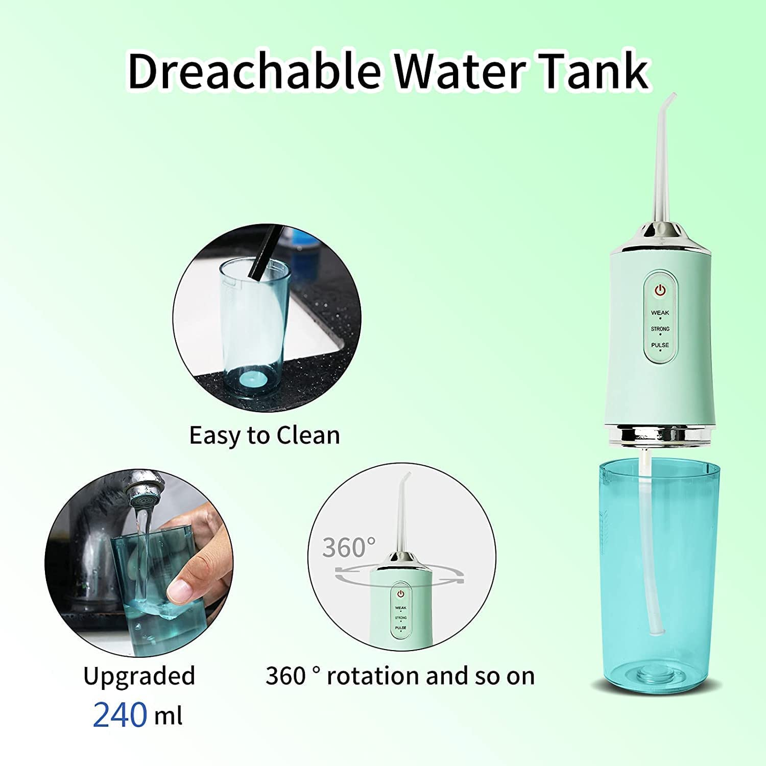 Water Flosser Professional Cordless Electric Tooth Flusher Water Cleaner, 220Ml Water Tank Waterproof and Whole Body Washing 3 Operating Mode Small Portable(Green)