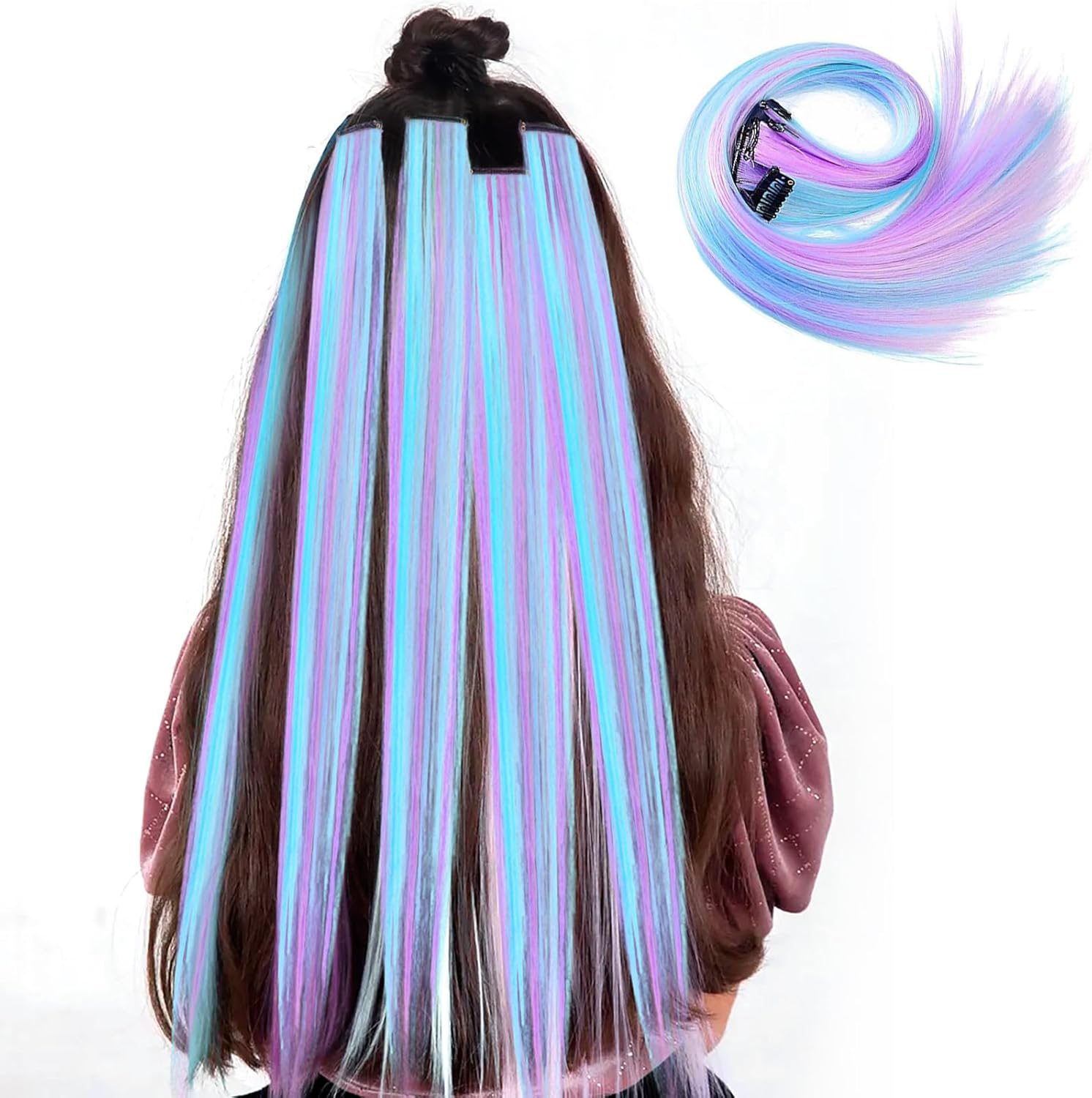 Healife Pack of 12 Clip-In Extensions, Hair Strands for Clip-In, Glitter Hair Bundles, Hairpiece with Clip Hair Extensions for Girls, Coloured Wire Hair Extensions, 9 Inch Clip-In Hair Bundles image number 3