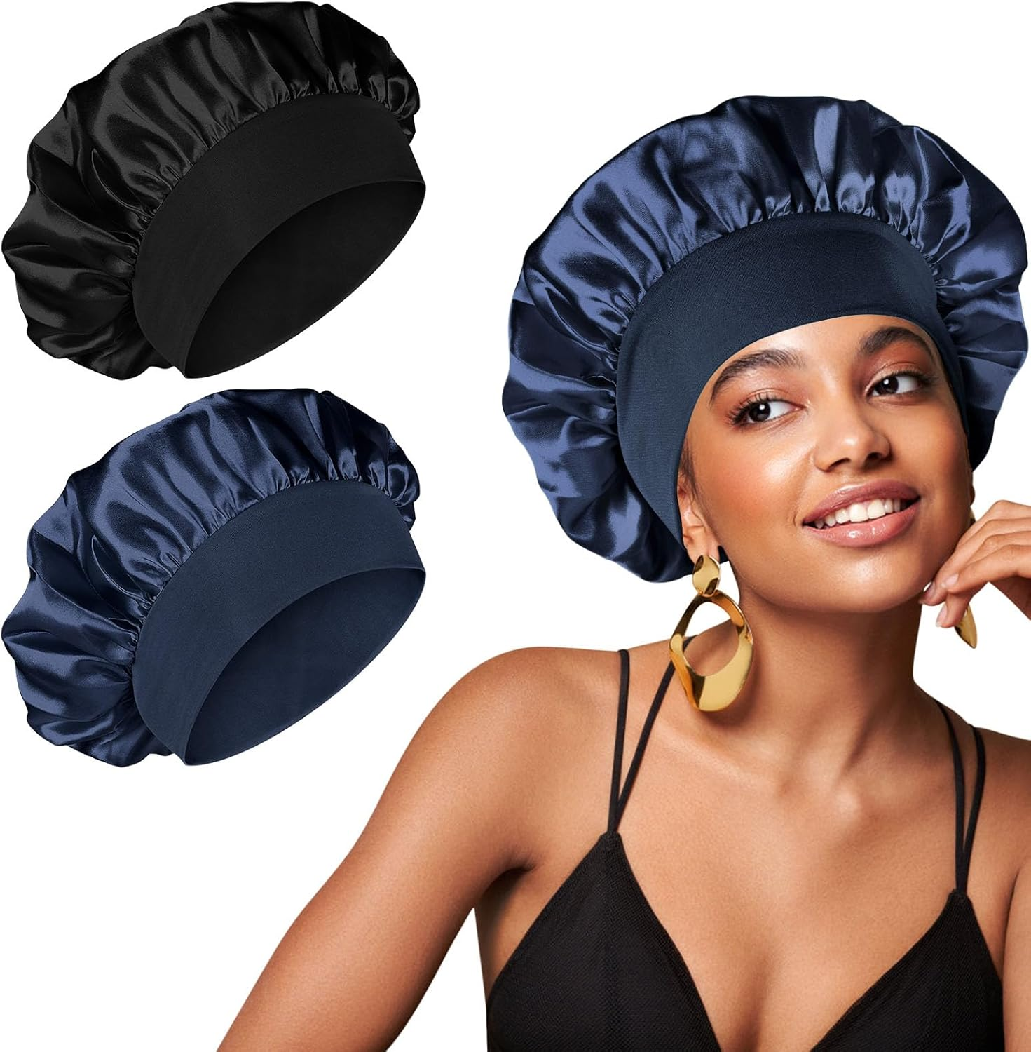 2 Pcs Silk Hair Wrap for Sleeping, Stain Bonnets Hair Bonnet with Wide Elastic Band, Soft Night Sleep Cap for Women Girls, Curly Hair Care Head Cover for Night Sleep (Black+Beige)