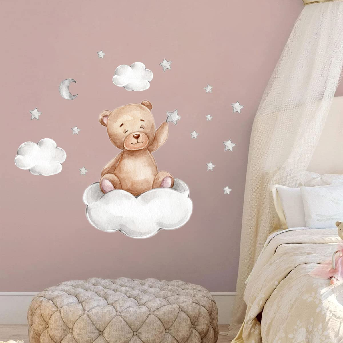 Set of 2 Cartoon Cute Bear Moon and Stars Wall Stickers PVC Stick Wall Sticker Mural Removable Self-Adhesive Wall Decal for Kids Baby Room Bedroom Nursery Playroom Home Decor image number 1