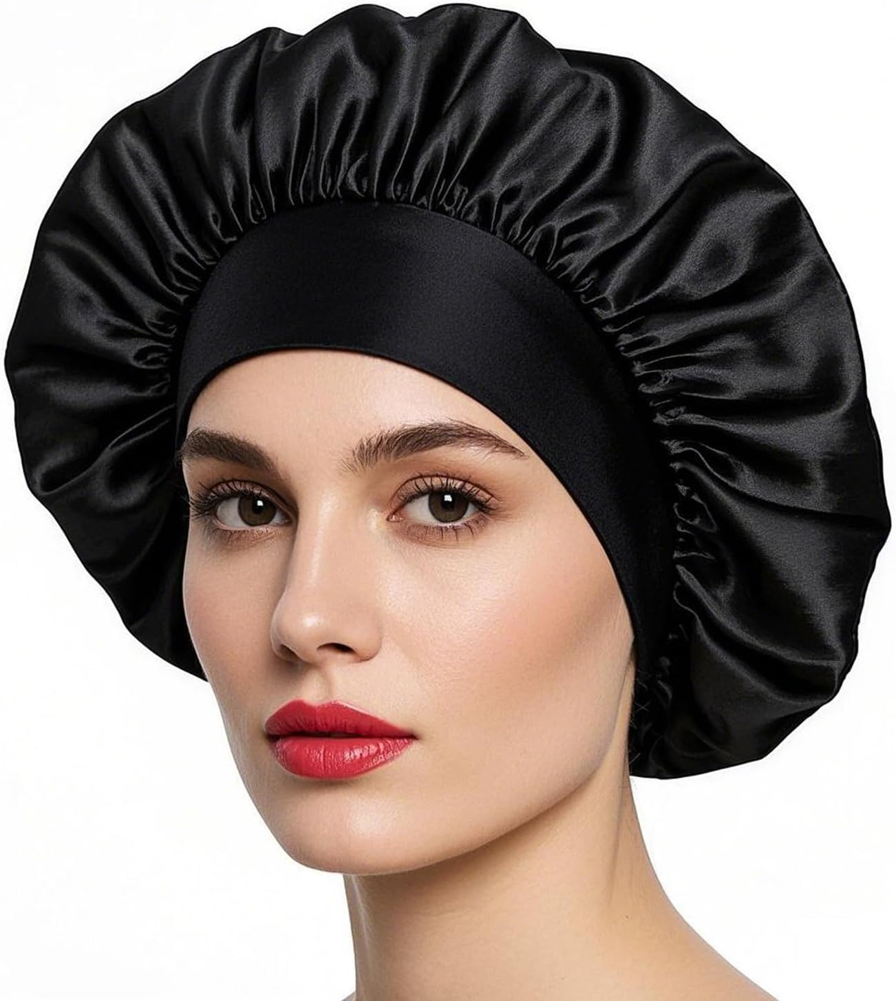 Pack of 2 Satin Hair Caps for Night, Silk Hood for Sleeping with Soft Comfort, Breathable Sleep Cap for Curls and Smooth Hair, Extra Wide Waistband (Black/Silver + 2 Hair Bobbles) image number 3