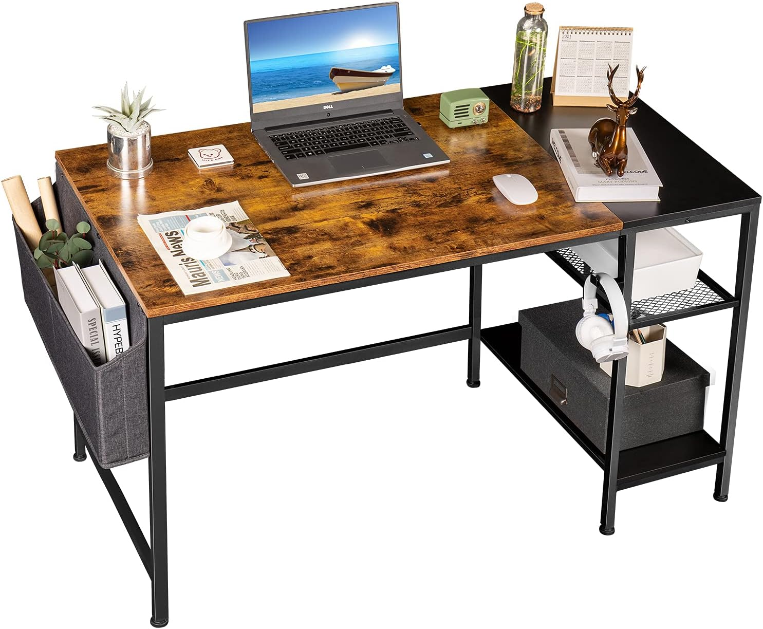 Furmax Home Office Desk 47 Inch Small Study Writing Desk Computer Simple Splice Board Table 2-Tier Laptop Table with Storage Bag and Removable Storage Shelves (Brown)