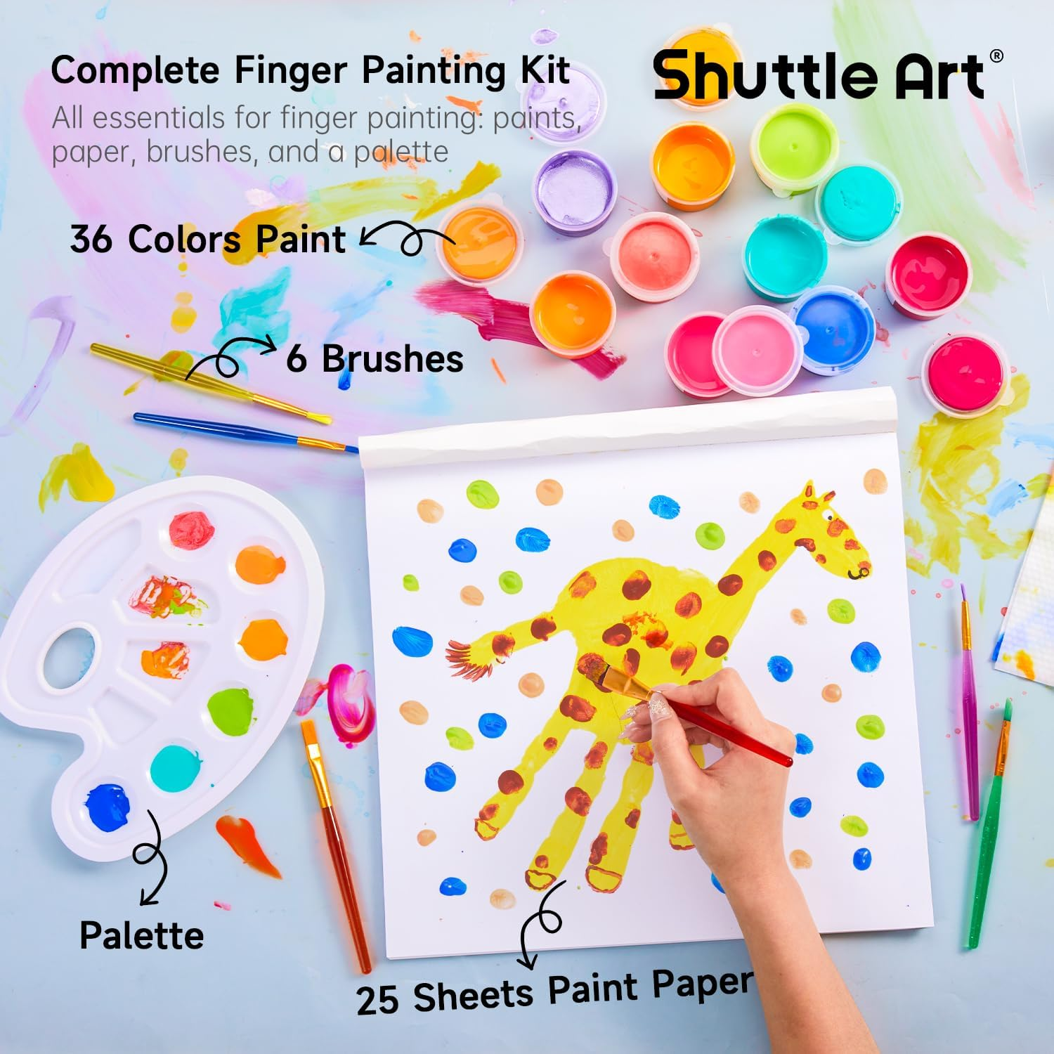 Shuttle Art Washable Finger Paint, 44 Pack Kids Paint Set with 36 Colours Finger Paints(30Ml, 1Oz) for Toddlers, Paint Brushes, Finger Paint Paper Pad, Palette, Non Toxic for Kids Art & Craft image number 6
