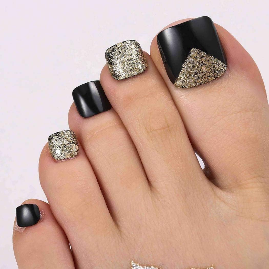 Mosako Glitter Sequins Press on Toenails Short Square Fake Toenail Sparkle Paillette Glossy False Toenail Full Cover Toe Nail Tips Designer Fancy Feet Nails Manicure for Women and Girls 24Pcs (Black-1) image number 3