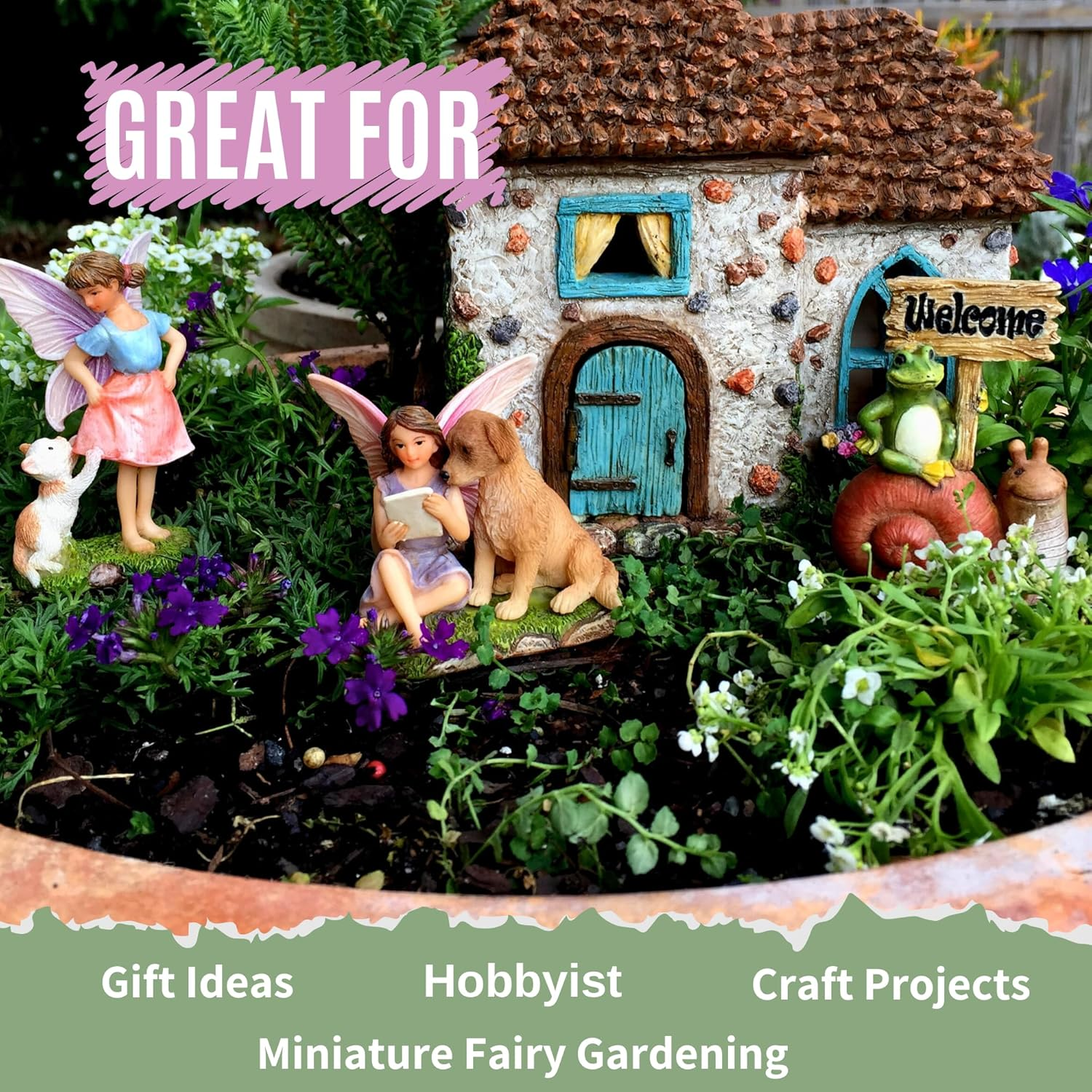 PRETMANNS Fairy Garden House Kit - Accessories with Miniature Fairies & Welcome Sign &ndash; Fairy House Is 6&rdquo; High &ndash; Fairy Garden Supplies 4 Pieces image number 1