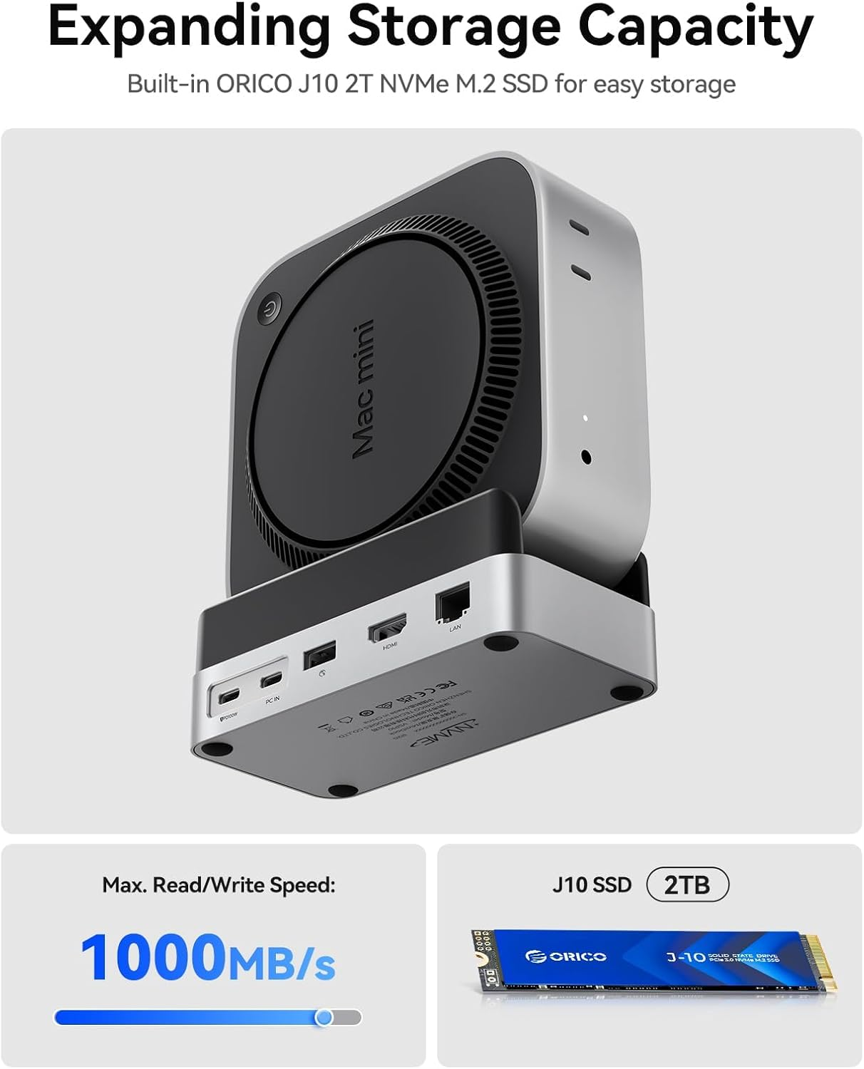 ORICO Minidock and Stand Compatibility with Mac Mini M4, 9-In-1 Aluminum Hub with 2TB Nvme M.2 SSD, 10Gbps USB-C & USB-A, 4K HDMI, Gigabit Ethernet, SD/TF Card Readers image number 3