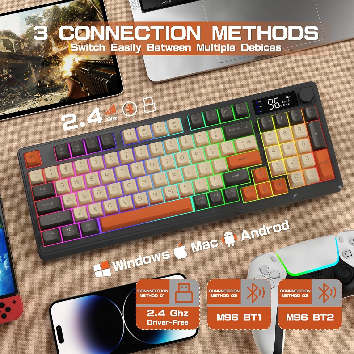 Lexonelec M96 Wireless Gaming Keyboard,94-Key Layout with Multimedia Knob,2.4G/Wireless Dual-Mode,Pbt Three-Color Ball Cap and Cool Colored Light, with LED Electronic Display for PC Gamers (Shimmer) image number 4