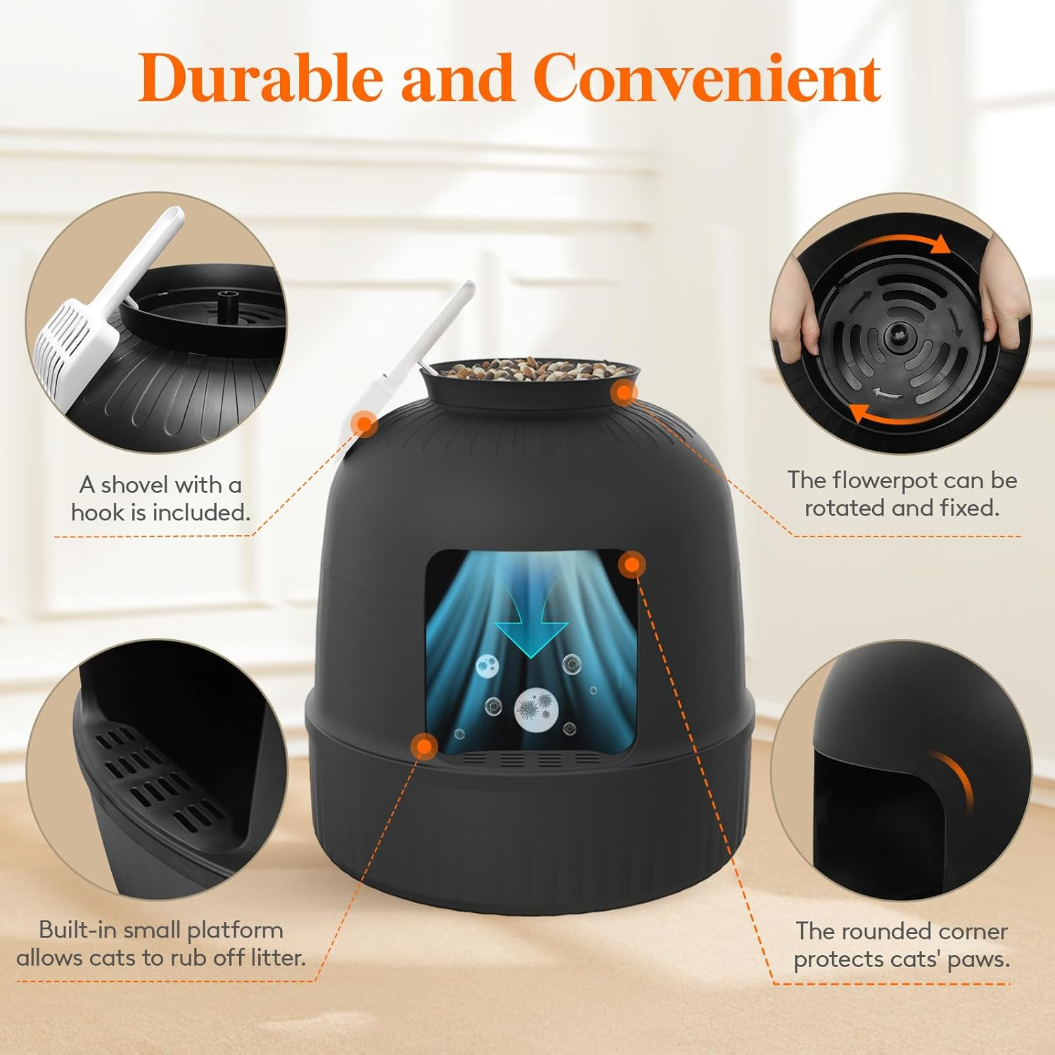 Lifewit Litter Box Cat with Faux Plant & Scoop, Hidden Enclosure Litter Tray with Odor Control & Carbon Filter in Living Room, Bedroom, Corner, Black - Black image number 5