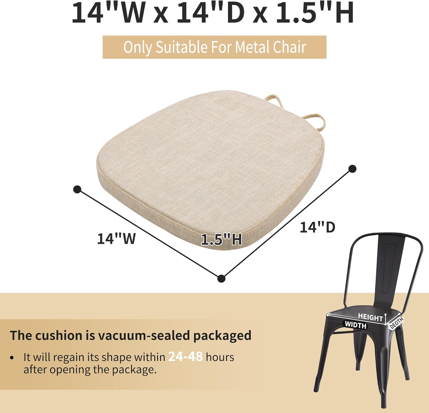 Baibu 14X14 Inches Metal Chairs Cushions with Ties Set of 4, Non-Slip Metal Dining Chair Pads Kitchen Chair Cushions with Machine Washable Cover - 4 Cushions Only (Beige, 14X14X1.5In) image number 4