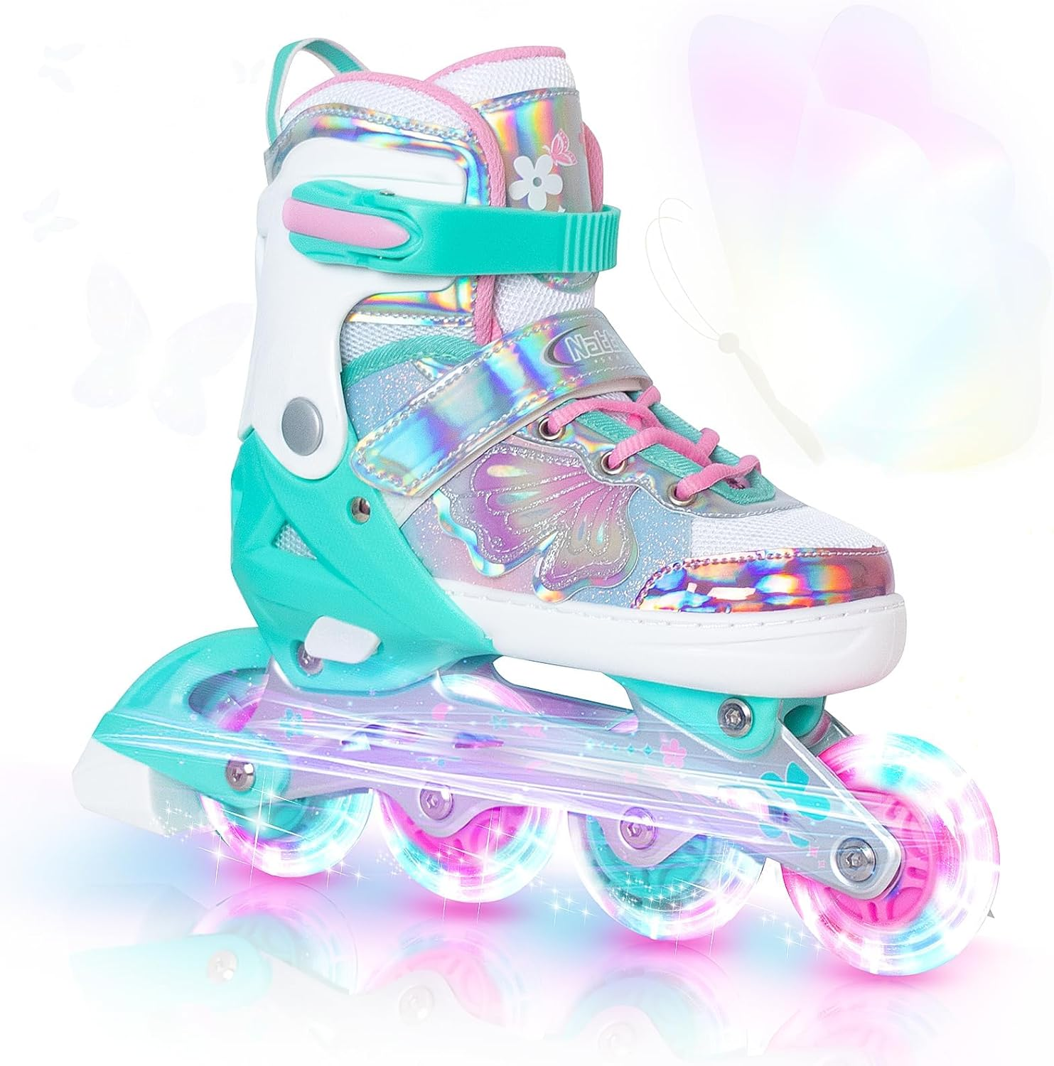 Nattork Kids Inline Skates Butterfly and Flower for Boys Girls Kids, 4 Sizes Adjustable Quad Skates with All Light up Wheels Indoor Outdoor Sports