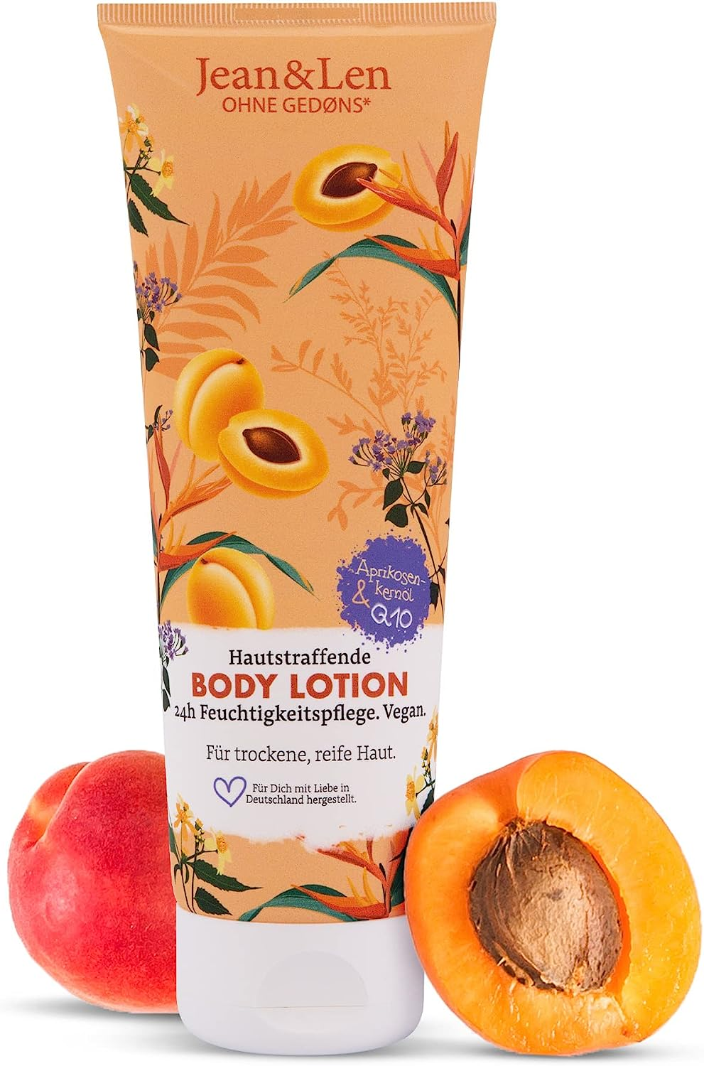 Jean & Len Skin Firming Body Lotion Apricot Kernel Oil & Q10, for Dry & Mature Skin, Gives Smooth Skin with Regular Use, Parabens & Silicones, Vegan Body Lotion, 250 Ml