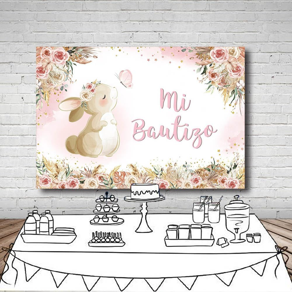 MEHOFOND 2.1 X 1.5 M Girls Christening Background Rabbit My First Communion Cross Bohemian Flower Photography Background Dove Communion Church Christening Party Decoration Banner Studio Supplies image number 3