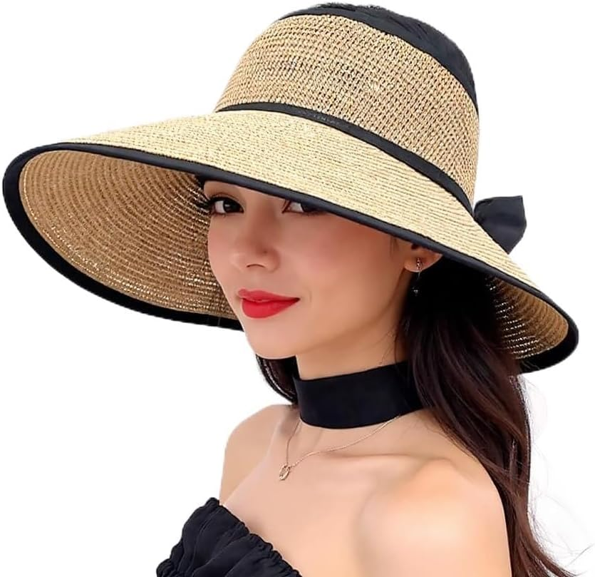 FIME. Women Sun Visor Hats Beach Foldable, Roll up Wide Brim Bowknot Summer Straw Hat Cap Cruise Wear for Womens,Women'S Sun Hats UPF50 UV Protection Sun Hat (Khaki) image number 5