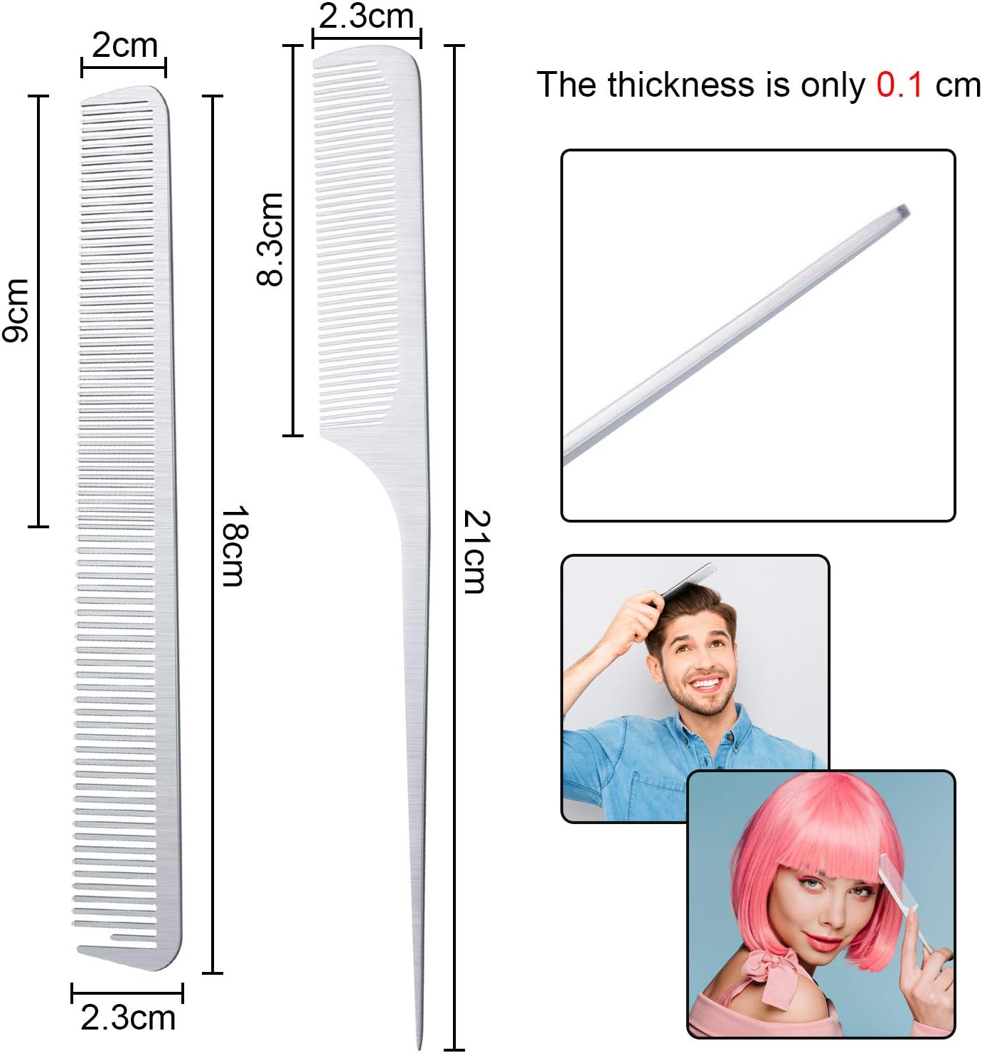 Boao 2 Pieces Metal Tail Combs Stainless Steel Flat Top Barber Combs with Metal Pick for Hair Stylist Women Men Hair Styling Cutting(Silver) image number 4