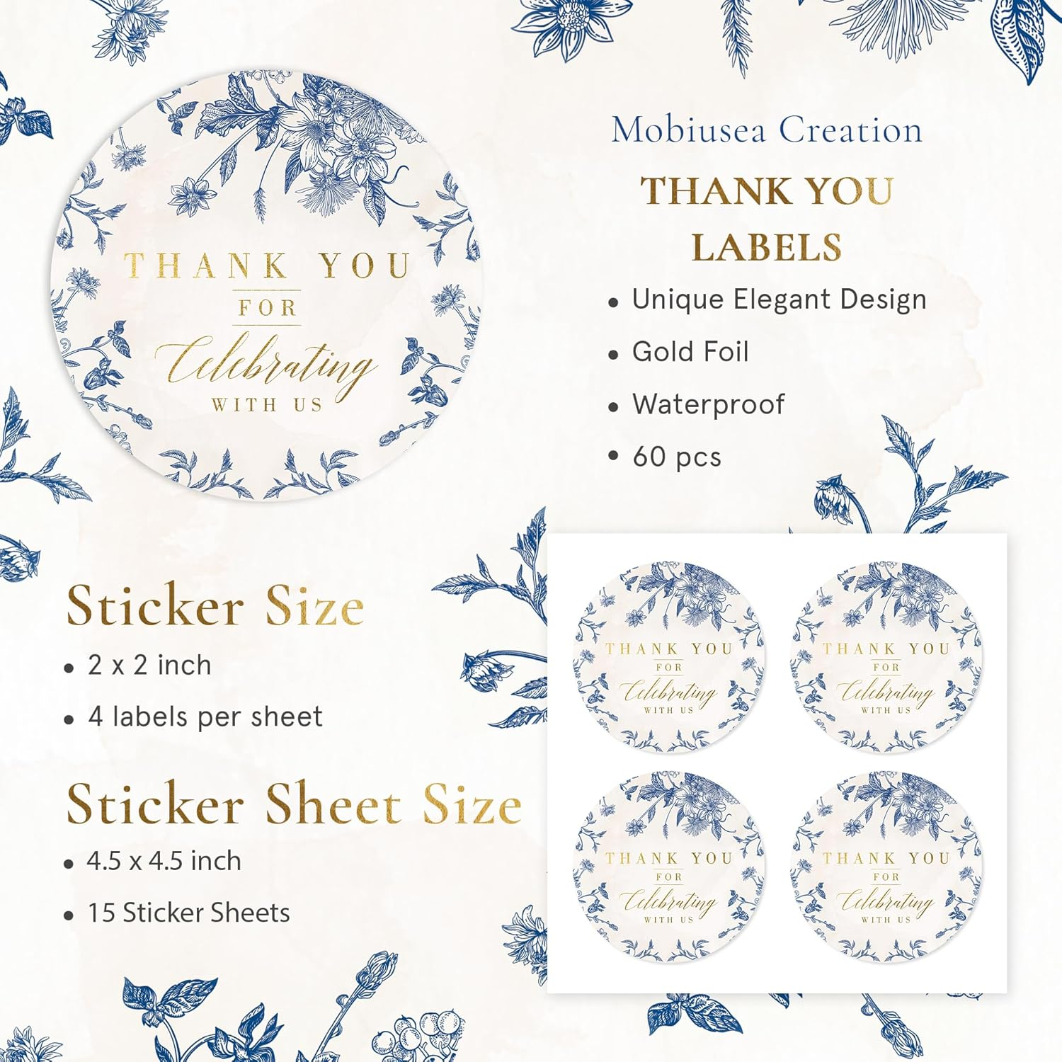Mobiusea Creation Thank You for Celebrating with Us Stickers | Gold Foil Wedding Favor Stickers | 60Pcs Waterproof 2" Vintage Blue Floral Labels for Baby Shower, Bridal Shower, Parties