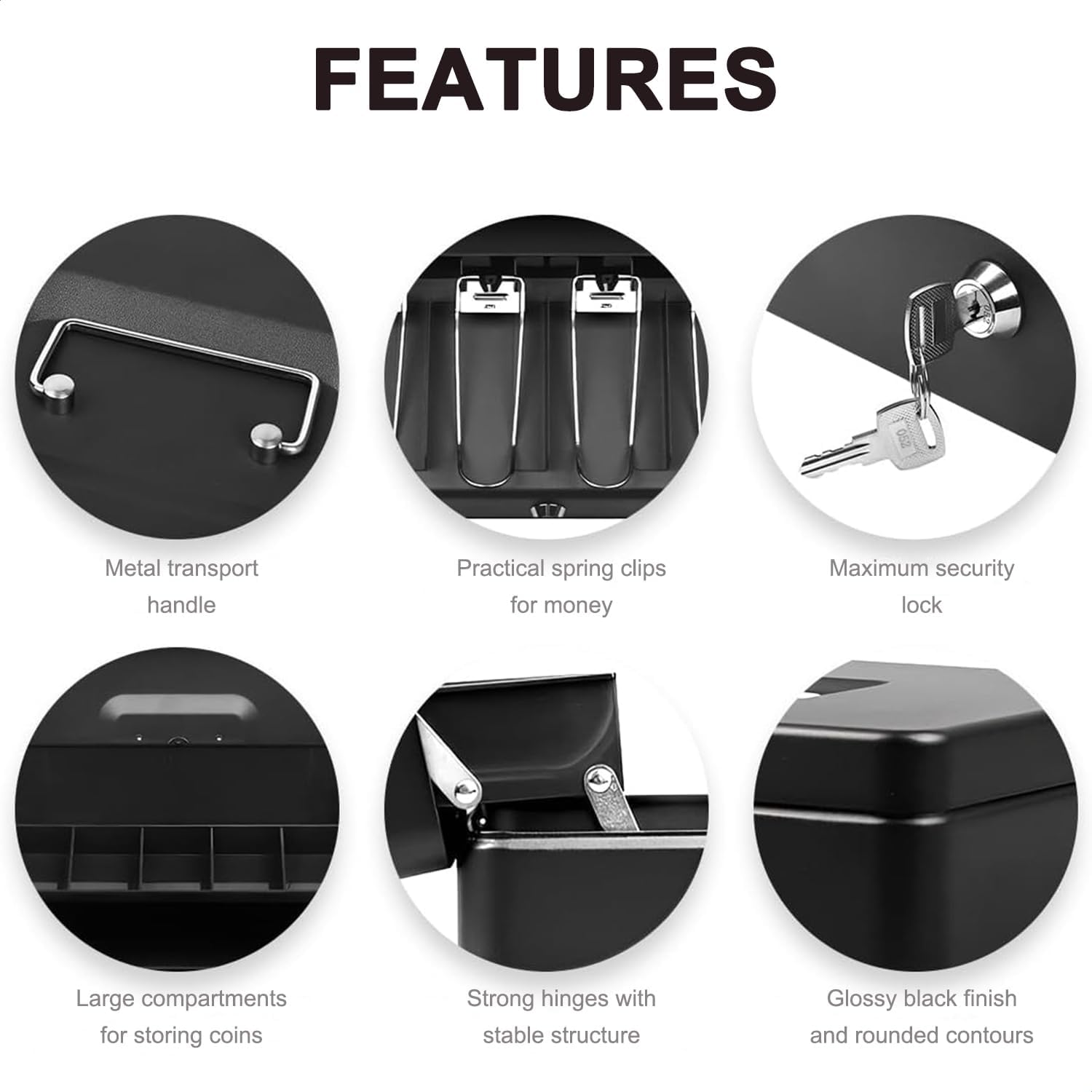 Metal Safe Box with Lock for Bills and Coins, Large Compartments, 2 Keys Included, Secure Locking Mechanism, Practical Spring Clips for Bills