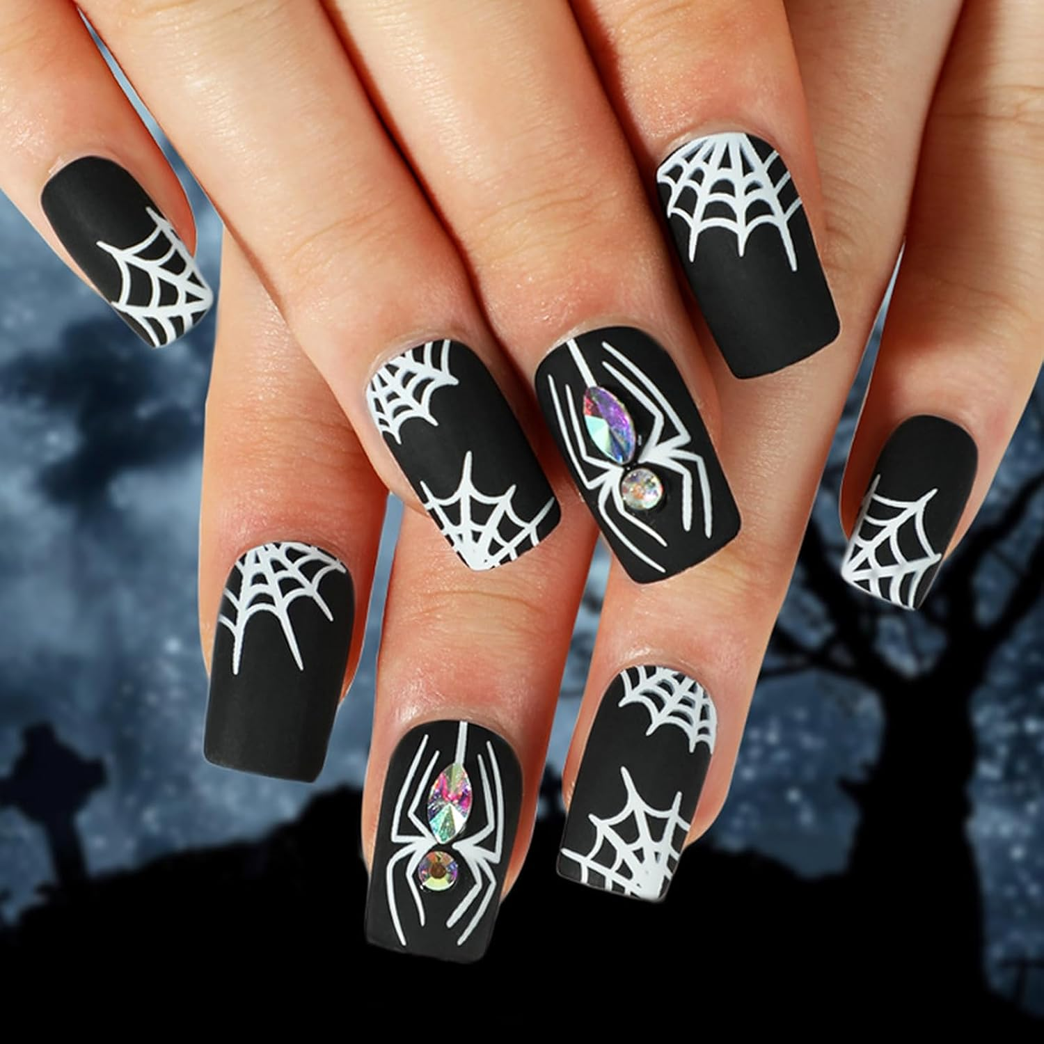 24Pcs Short Square Press on Nails Halloween Cute Fake Nails Black White Spider Web Cartoon Print Glossy Stick on Nails for Women DIY Manicure