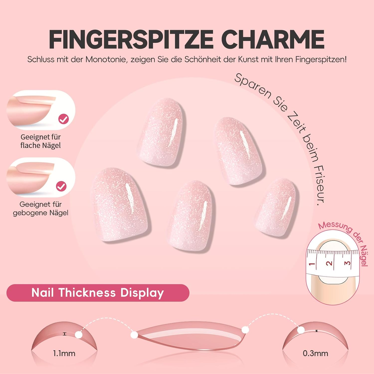 Noerrors Noerrors Glitter Pink False Nails, Pack of 32 Short Almond Oval round Milk Pink Press-On Nails, Shiny Glitter False Nails with Glue, Full Cover for Women and Girls image number 5