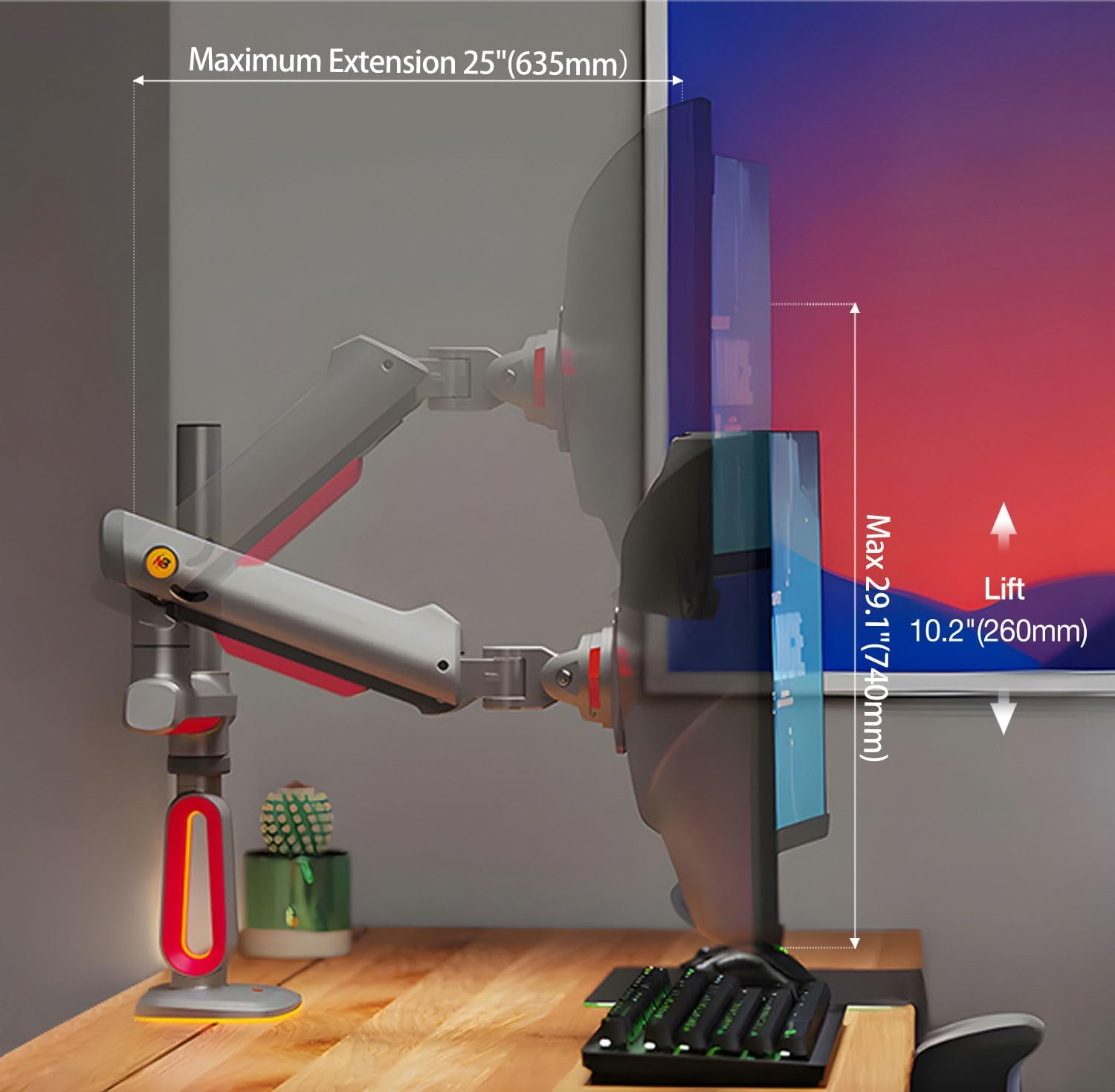 Gaming Monitor Arm for Flat/Ultrawide/Curved Monitors 32 to 60 Inch, Heavy Duty Monitor Stand Load up to 20 Kg, VESA 75/100 Mm Monitor Mount L70 image number 4