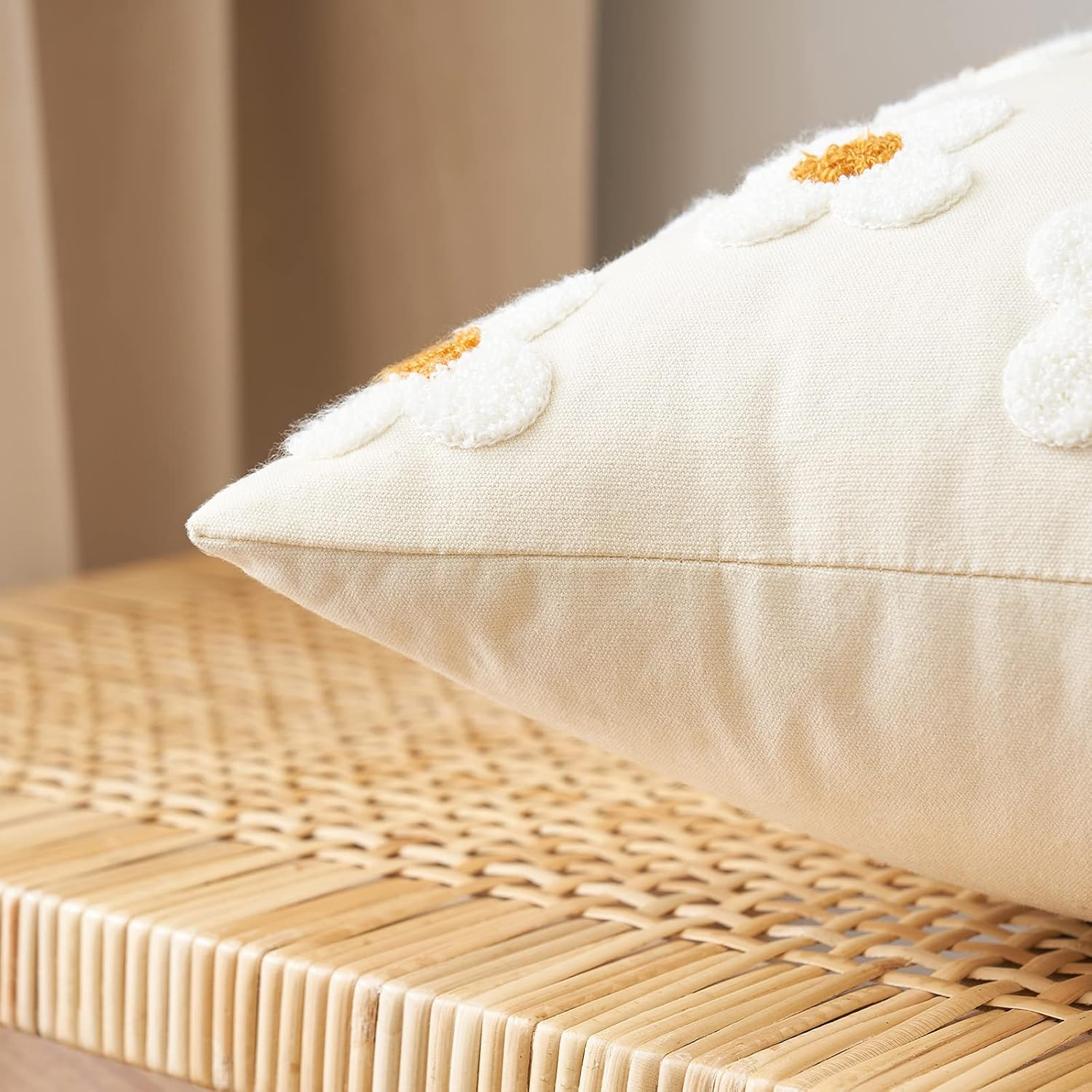 EMEMA Decorative Throw Pillow Covers Sun Flower Jacquard Pillowcase Cushion Case Square for Couch Sofa Bed Living Room Bedroom Set of 2, 18X18 Inch, Beige image number 3